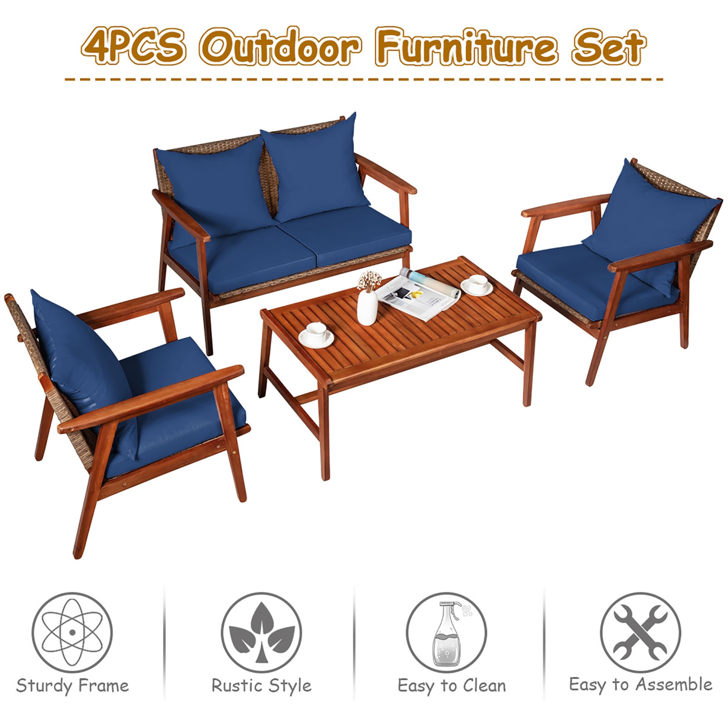 Costway 4PCS Patio Rattan Furniture Set Acacia Wood Frame Cushioned Sofa Chair