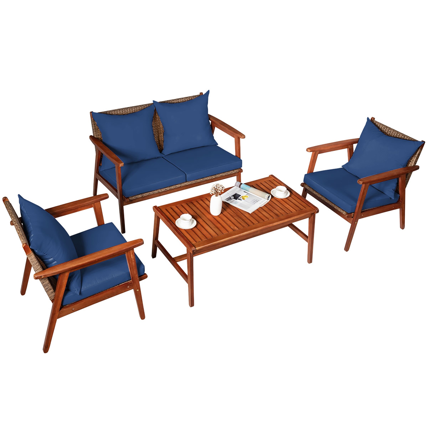 Costway 4PCS Patio Rattan Furniture Set Acacia Wood Frame Cushioned Sofa Chair