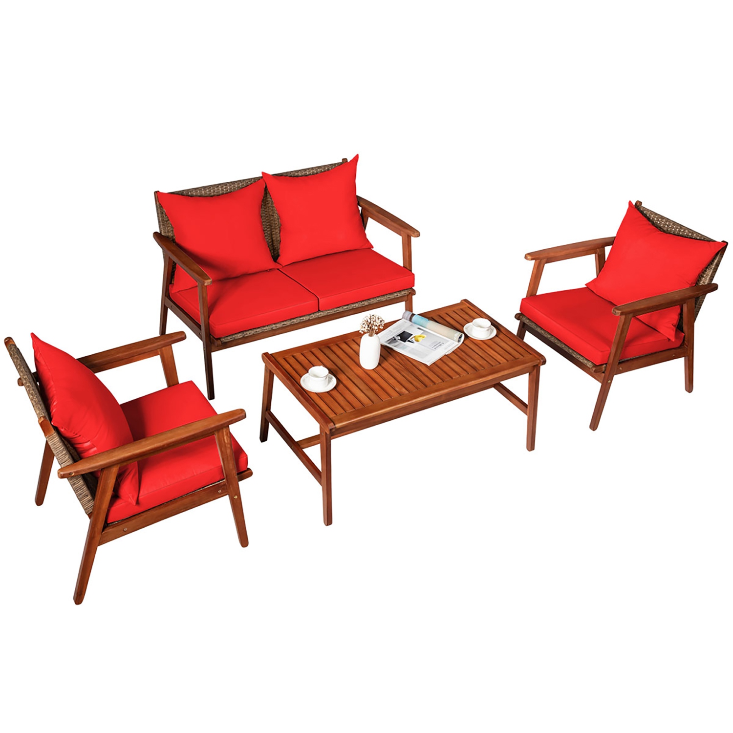 Marque Costway Ensemble de 8 meubles en rotin avec structure en bois d'acacia pour le patio, le jardin, 2 table basse, 2 canapé double, 4 fauteuils