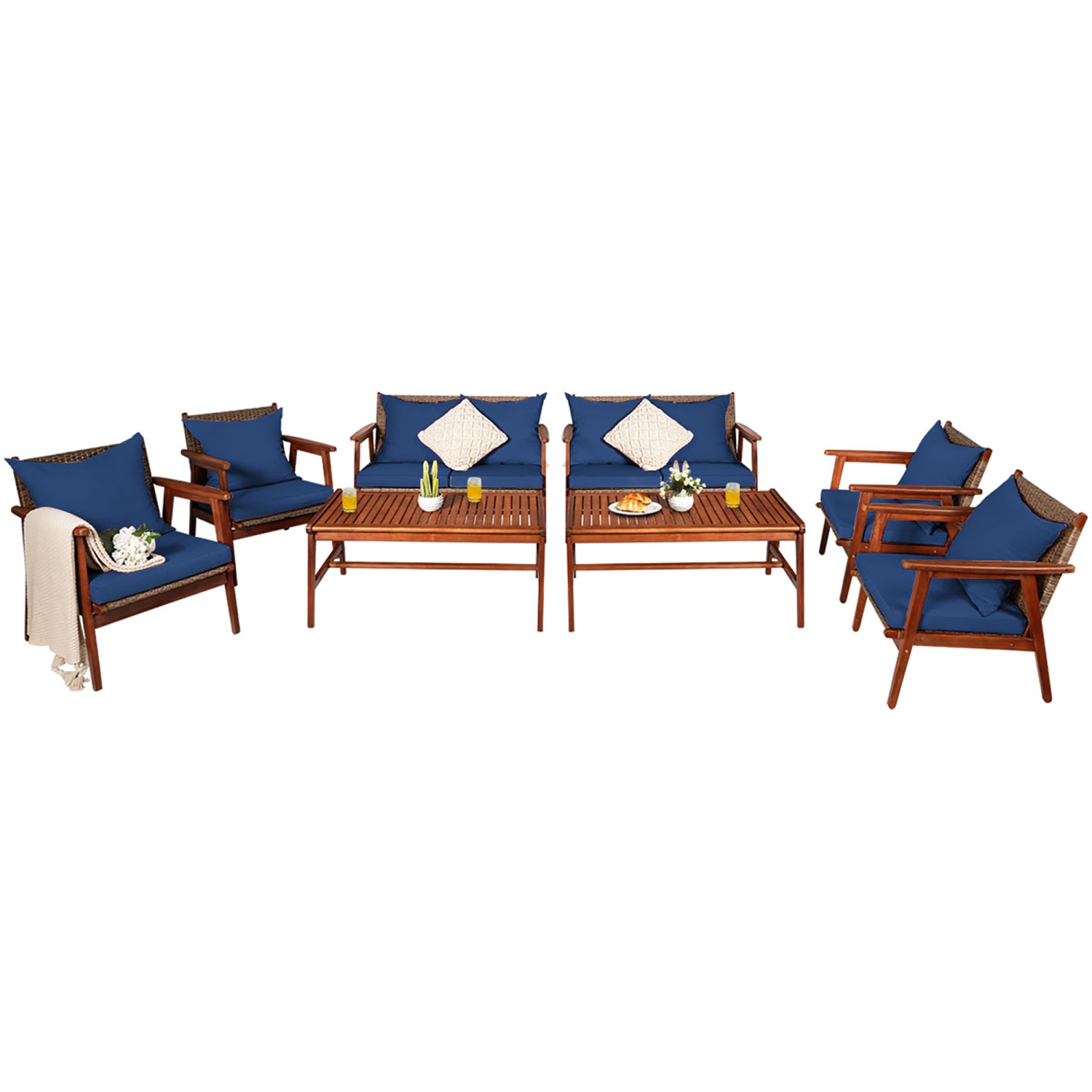 Costway 8PCS Patio Rattan Furniture Set Acacia Wood Frame Cushioned Sofa Chair