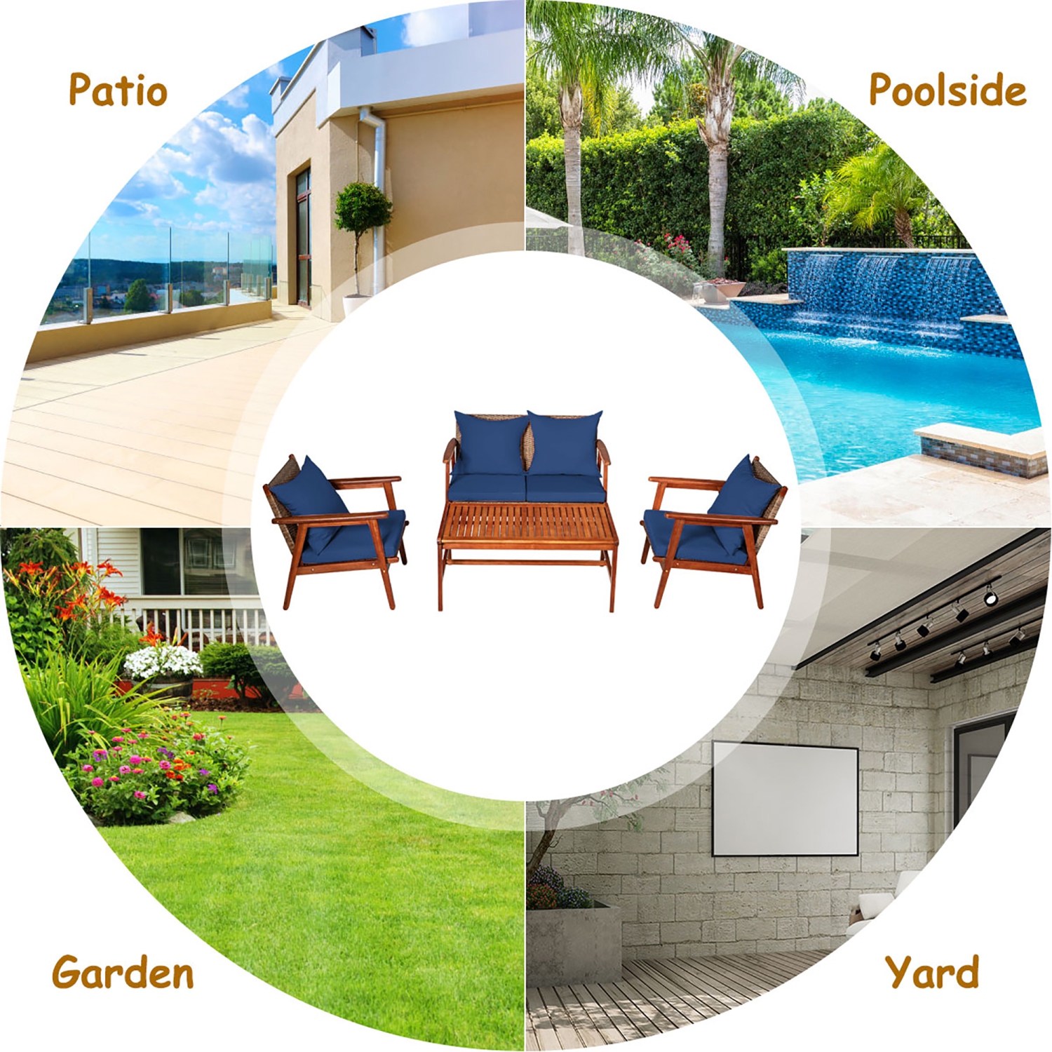 Costway 8PCS Patio Rattan Furniture Set Acacia Wood Frame Cushioned Sofa Chair