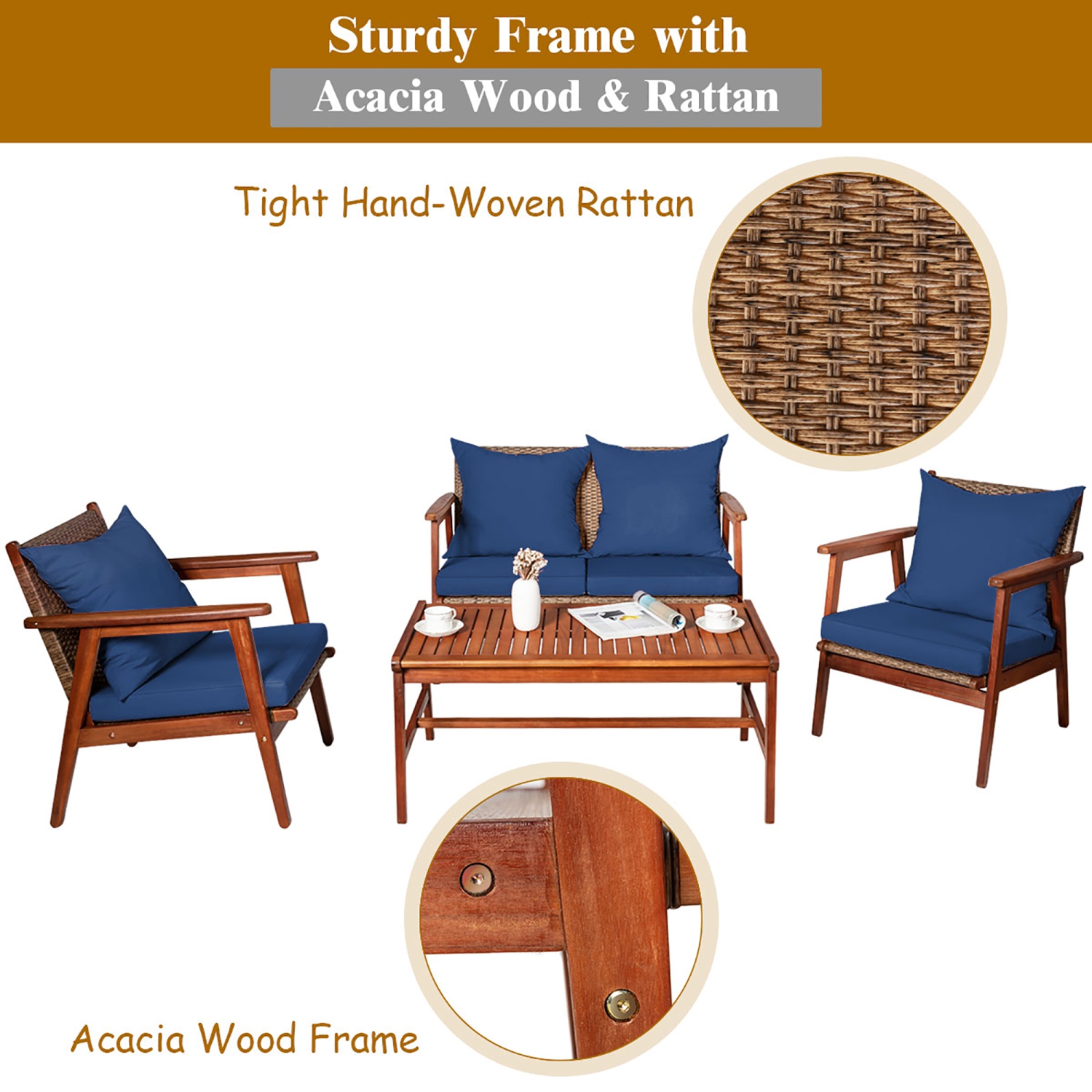 Costway 8PCS Patio Rattan Furniture Set Acacia Wood Frame Cushioned Sofa Chair