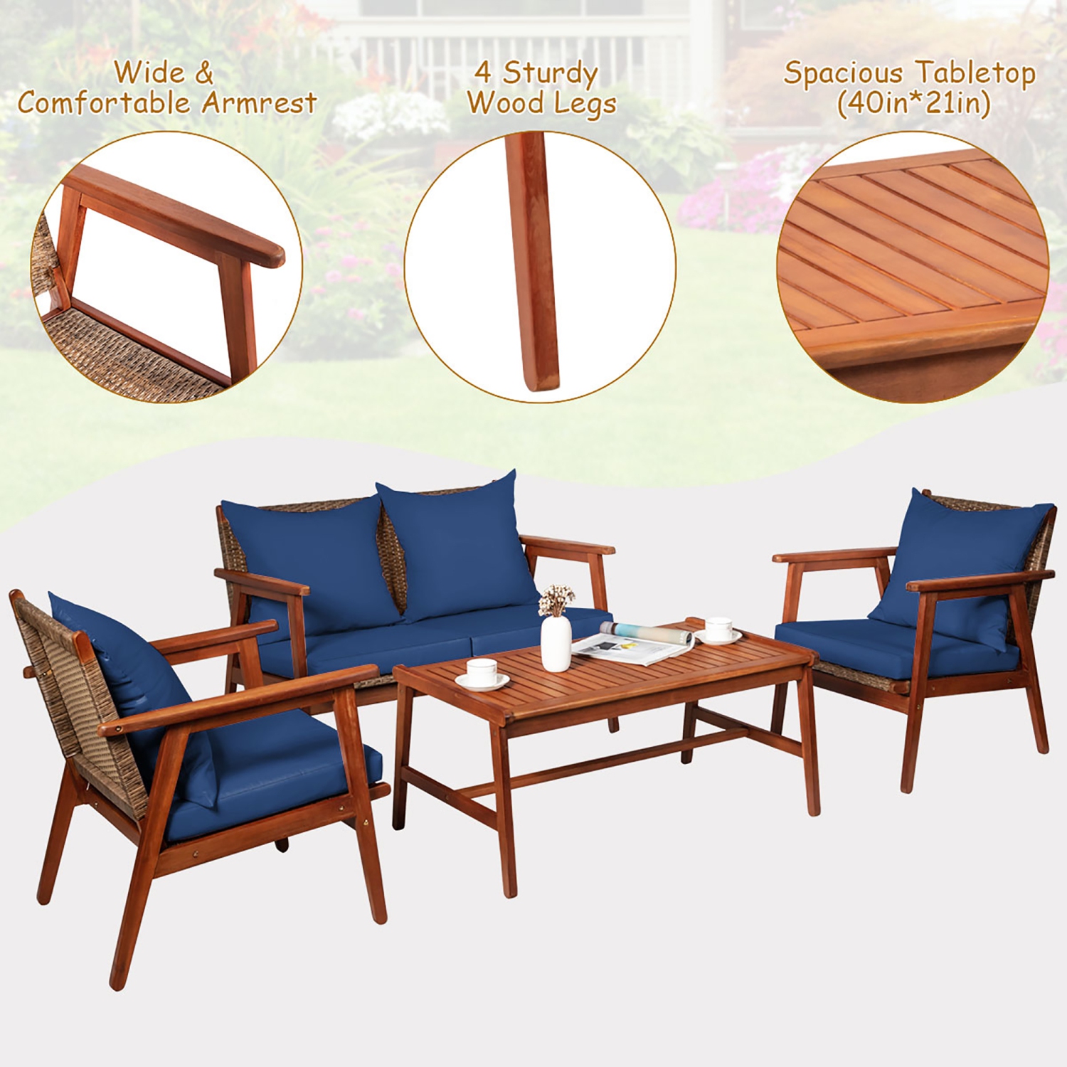 Costway 8PCS Patio Rattan Furniture Set Acacia Wood Frame Cushioned Sofa Chair