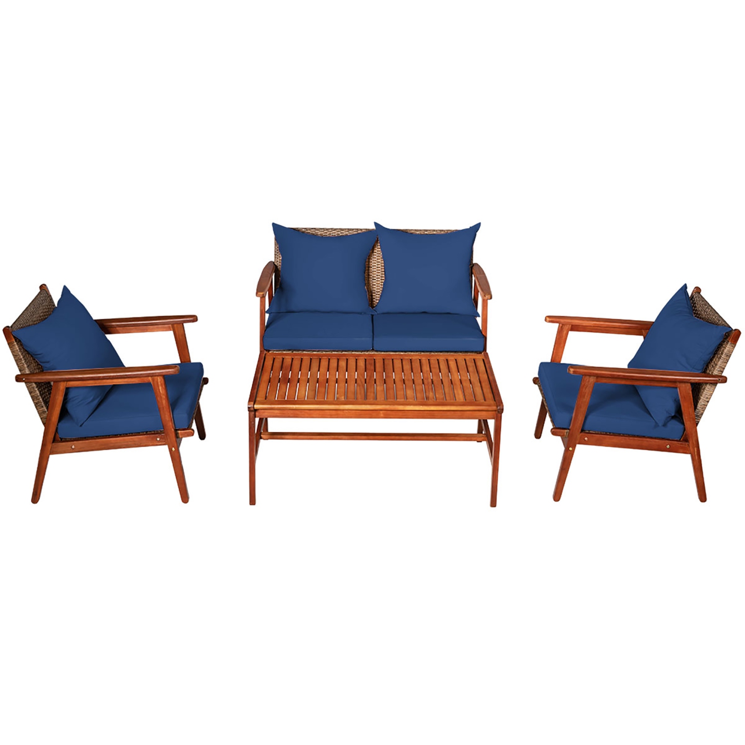 Costway 8PCS Patio Rattan Furniture Set Acacia Wood Frame Cushioned Sofa Chair