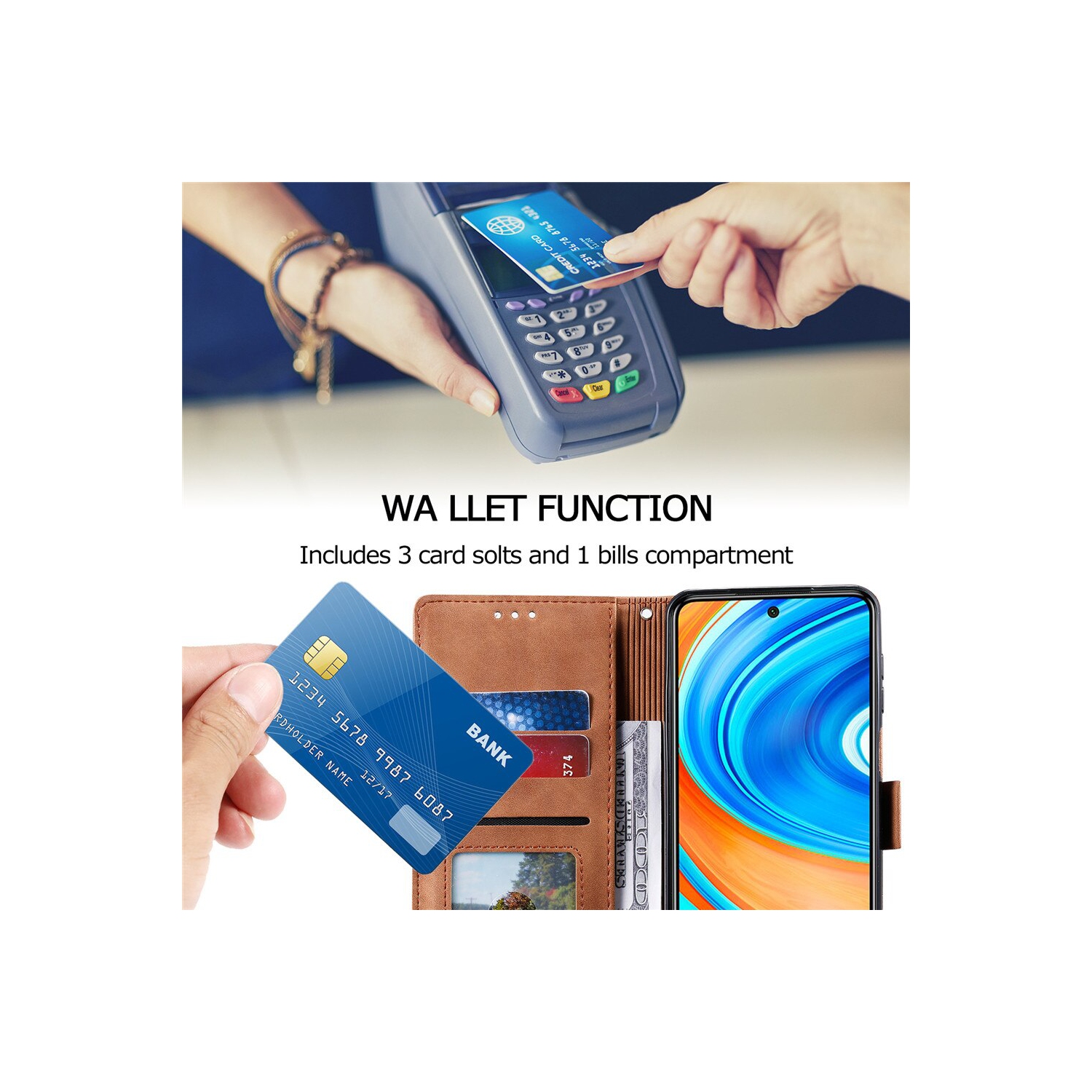 Étui à rabat en cuir design classique avec fente pour carte et fermeture magnétique béquille avec dragonne, étui à rabat en TPU résistant aux chocs