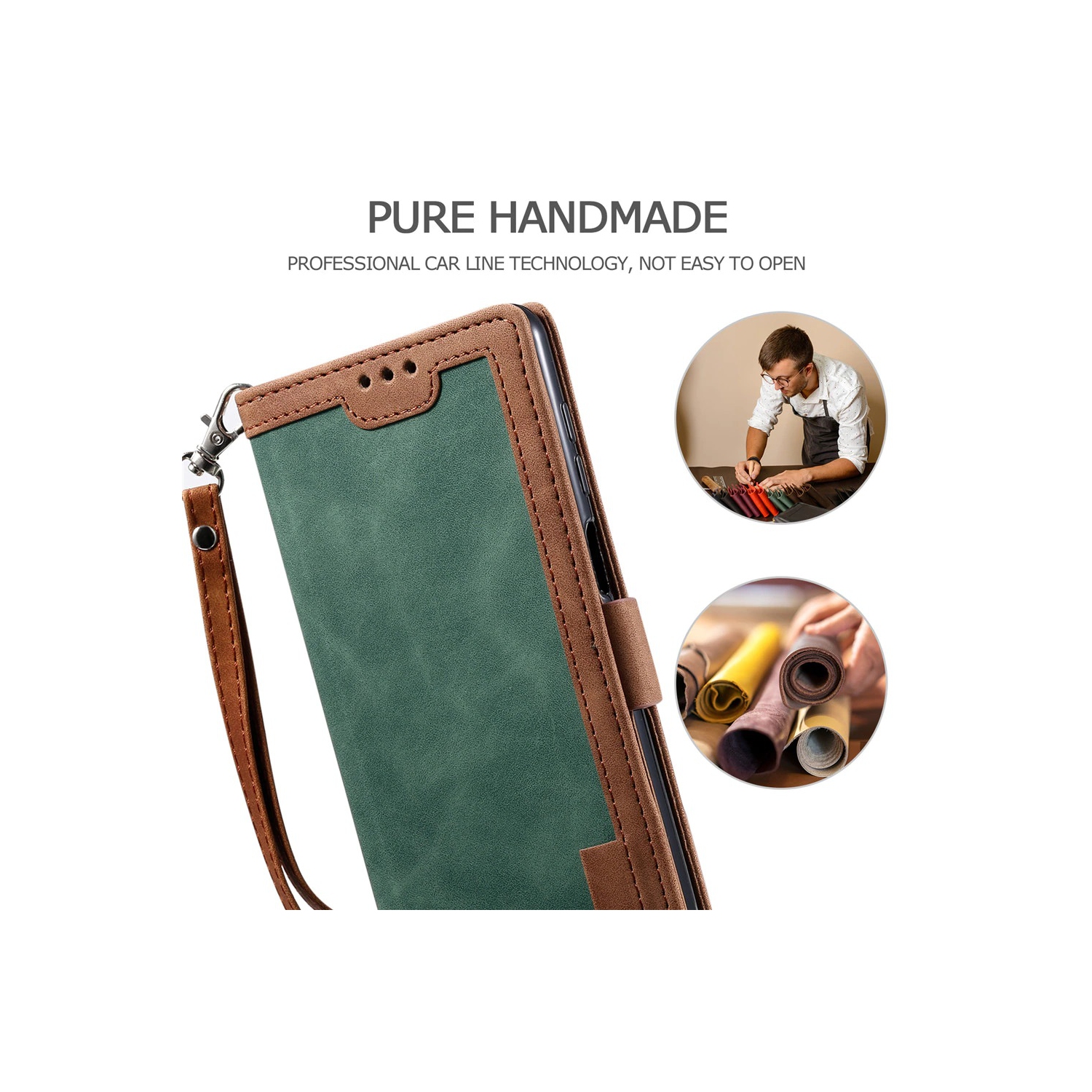 Étui à rabat en cuir design classique avec fente pour carte et fermeture magnétique béquille avec dragonne, étui à rabat en TPU résistant aux chocs