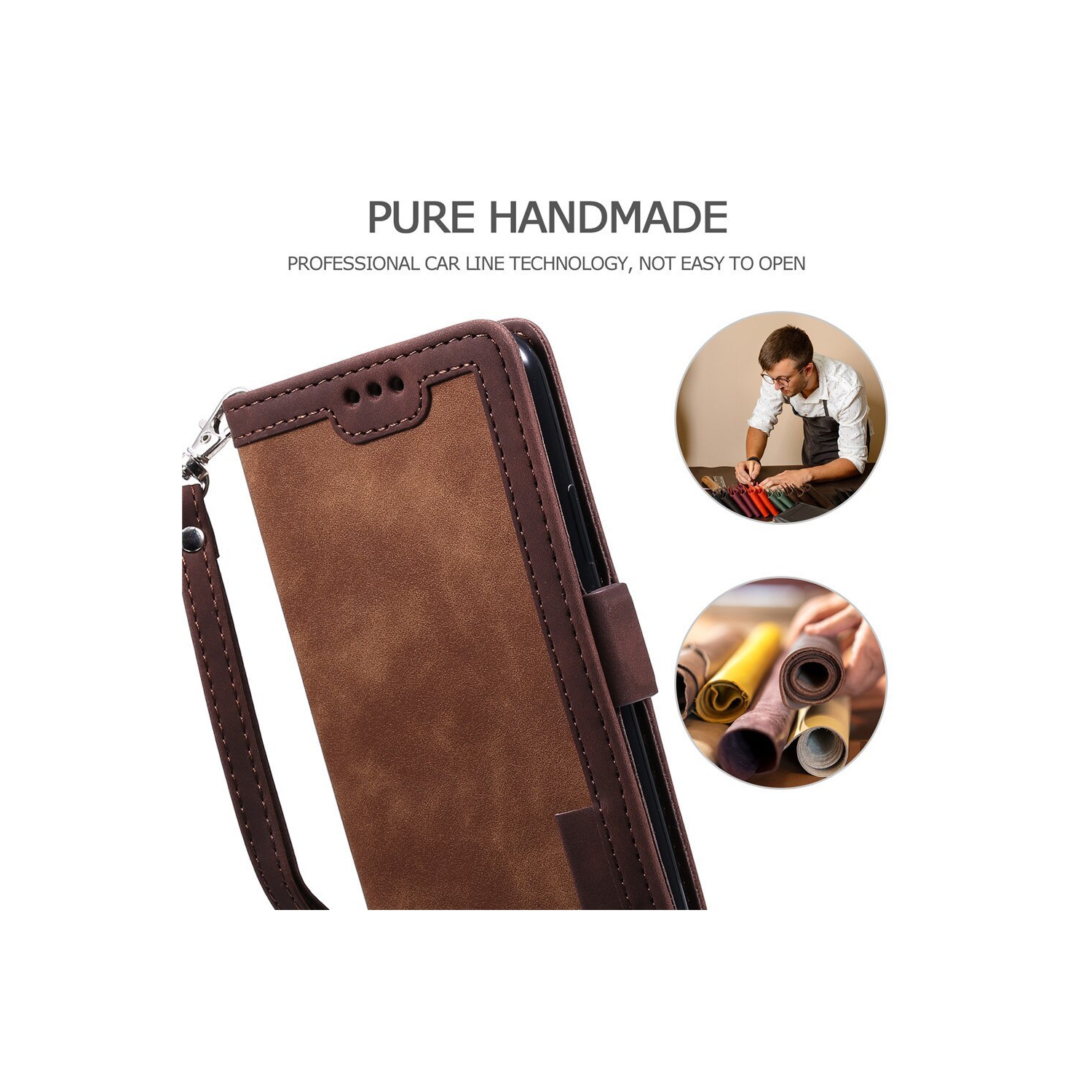 Étui à rabat en cuir design classique avec fente pour carte et fermeture magnétique béquille avec dragonne, étui à rabat en TPU résistant aux chocs