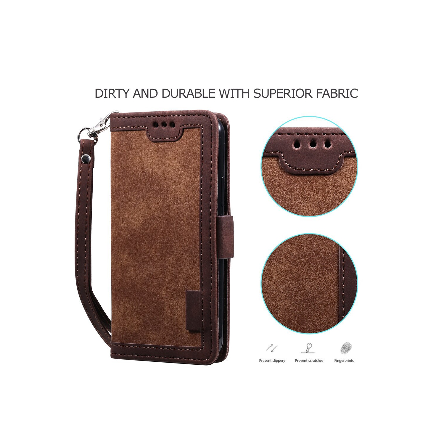 Étui à rabat en cuir design classique avec fente pour carte et fermeture magnétique béquille avec dragonne, étui à rabat en TPU résistant aux chocs