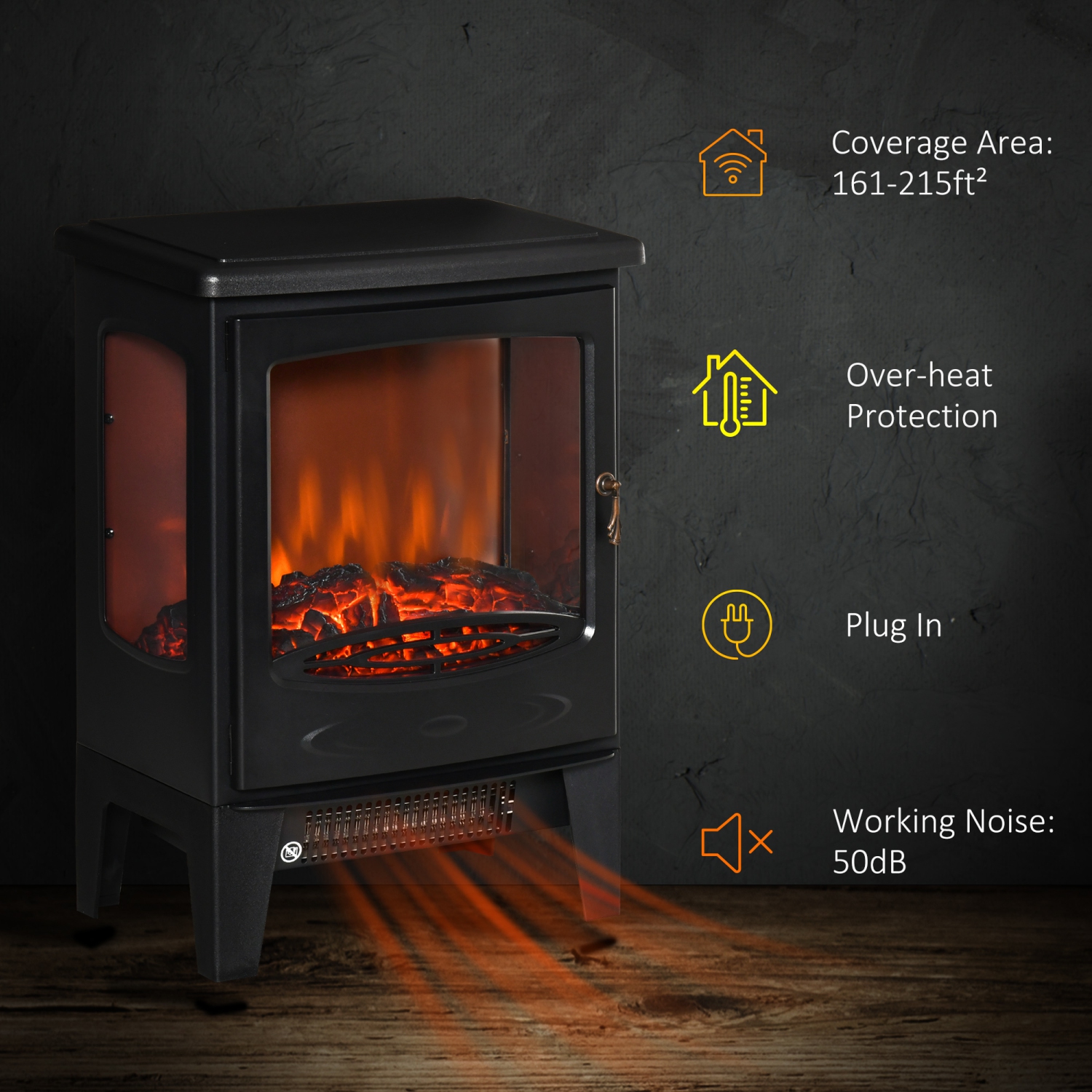 HOMCOM Electric Fireplace Heater, Freestanding Fireplace Stove with Realistic Adjustable Flame Effect and Adjustable Temperature, Overheating Safety