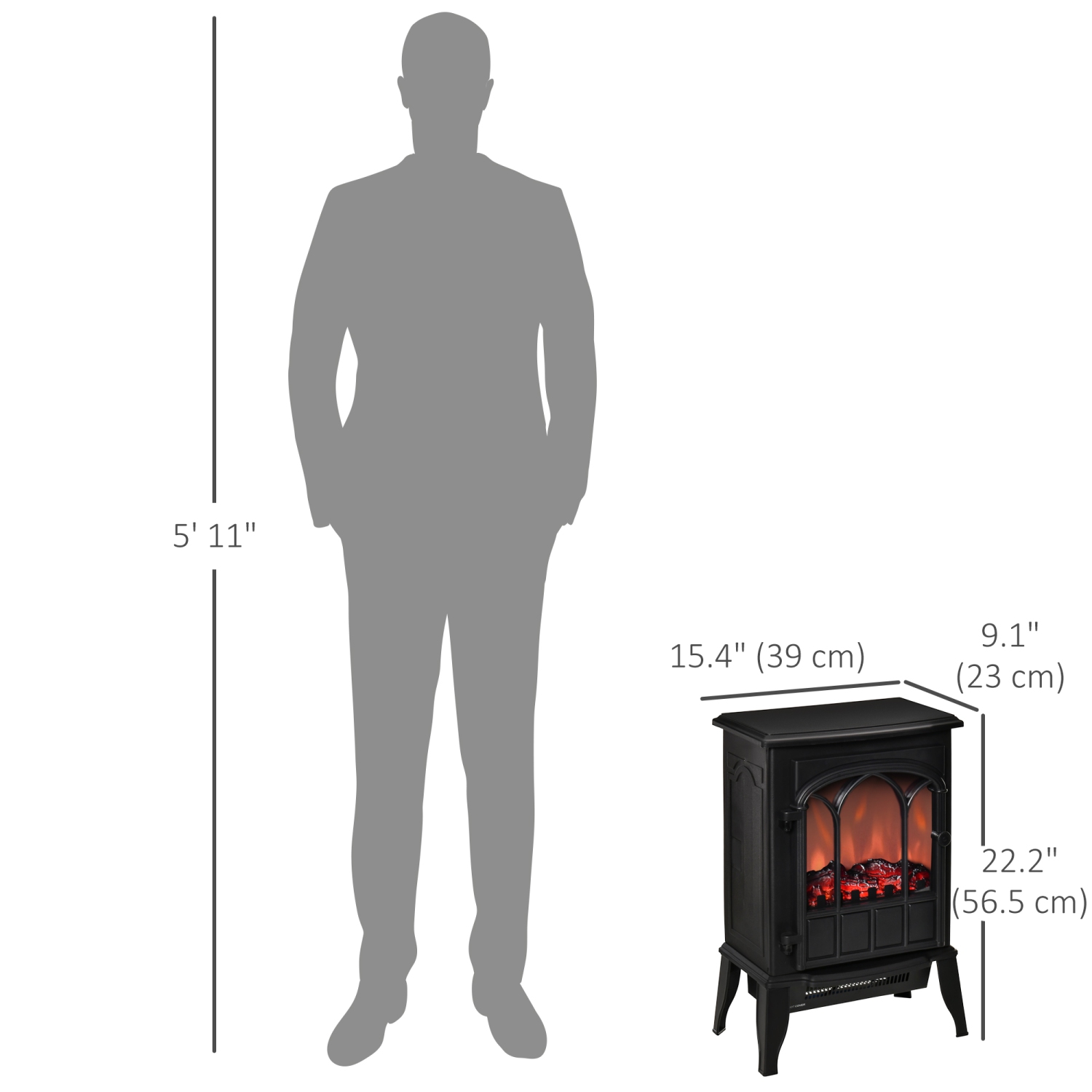 HOMCOM Electric Fireplace Heater, Freestanding Fireplace Stove with Realistic Flame, Adjustable brightness, Overheating Safety System, 750W/1500W