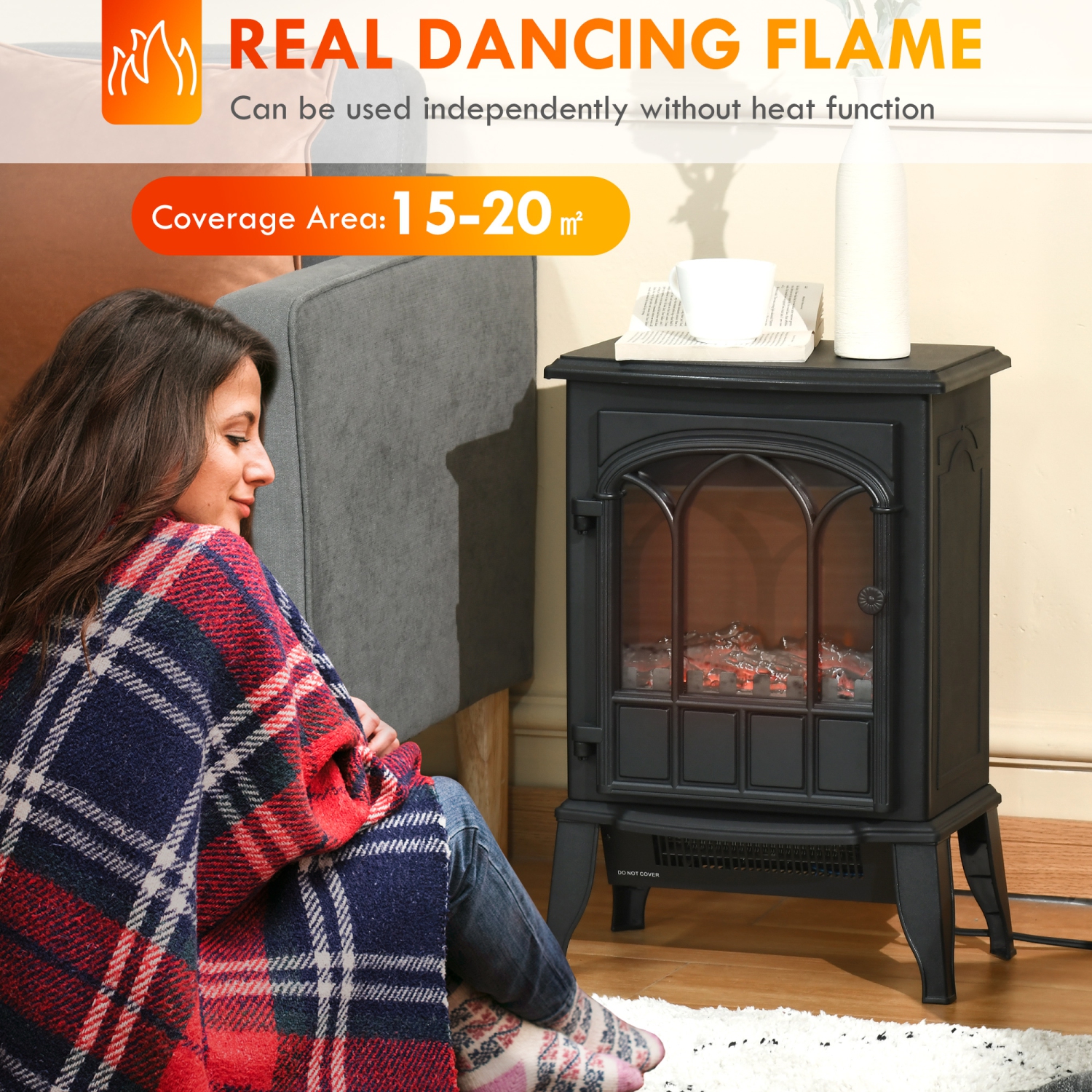 HOMCOM Electric Fireplace Heater, Freestanding Fireplace Stove with Realistic Flame, Adjustable brightness, Overheating Safety System, 750W/1500W