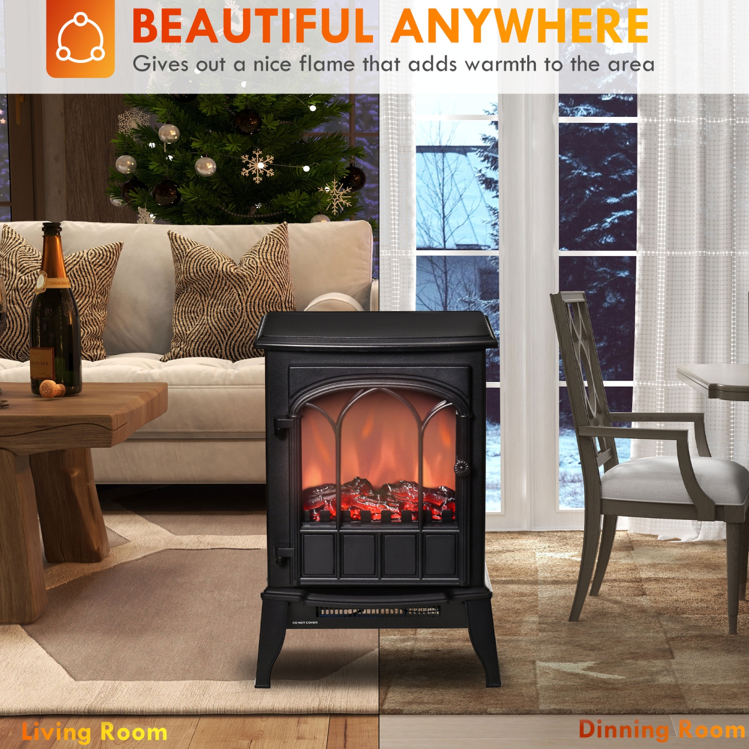 HOMCOM Electric Fireplace Heater, Freestanding Fireplace Stove with Realistic Flame, Adjustable brightness, Overheating Safety System, 750W/1500W