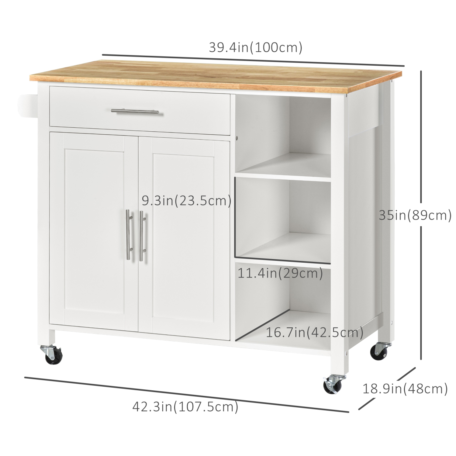 HOMCOM Wooden Rolling Kitchen Island on 360° Swivel Wheels Dining Cart with Drawer, Towel Rack for Kitchen, White