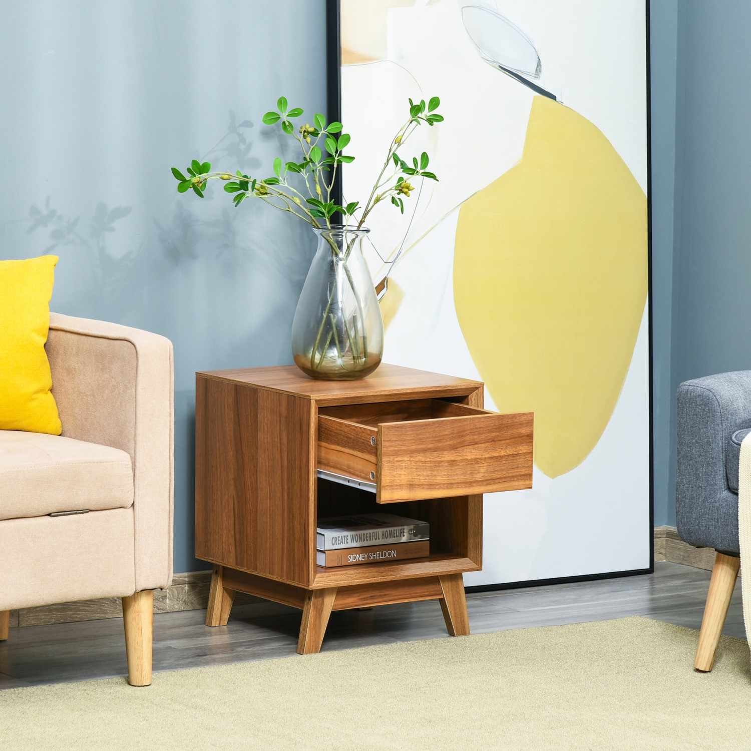 HOMCOM – Table de chevet pour chambre à coucher, table de chevet avec tiroir et tablette, table d'appoint moderne, brun noyer