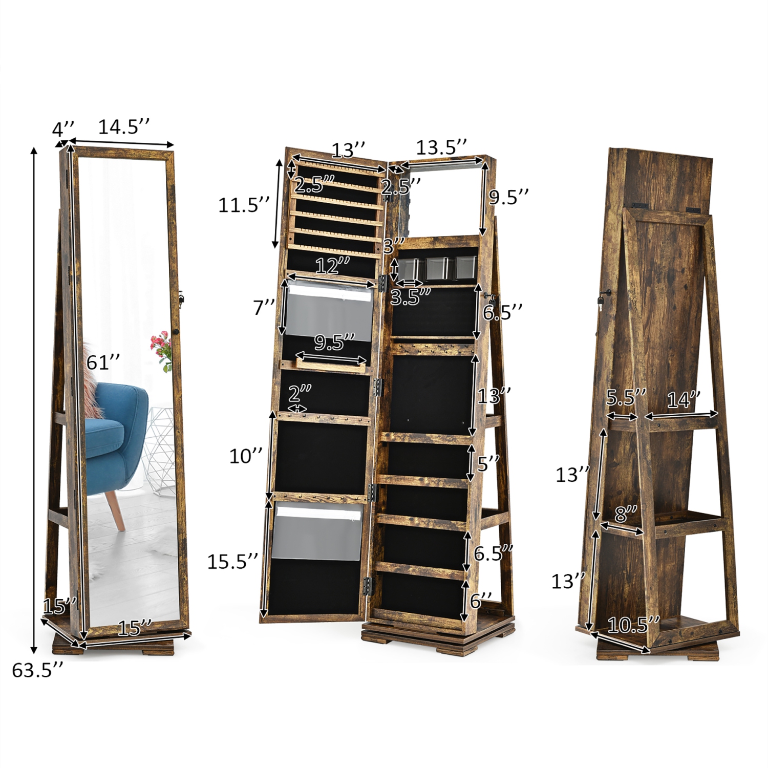 Costway 360degree Rotatable Jewelry Cabinet 2-in-1 Lockable Mirrored Organizer