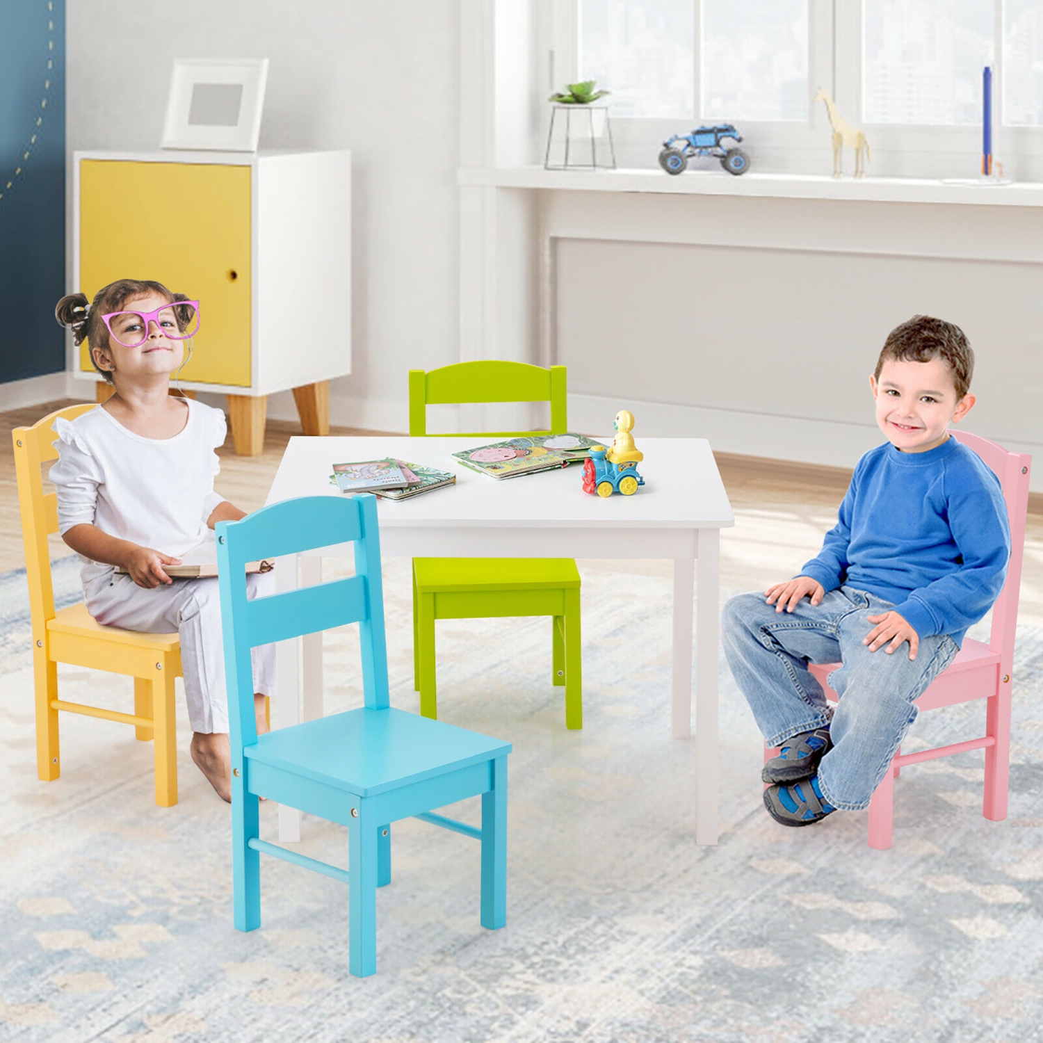 Costway 5 Piece Kids Wood Table Chair Set Activity Toddler Playroom Furniture Colorful