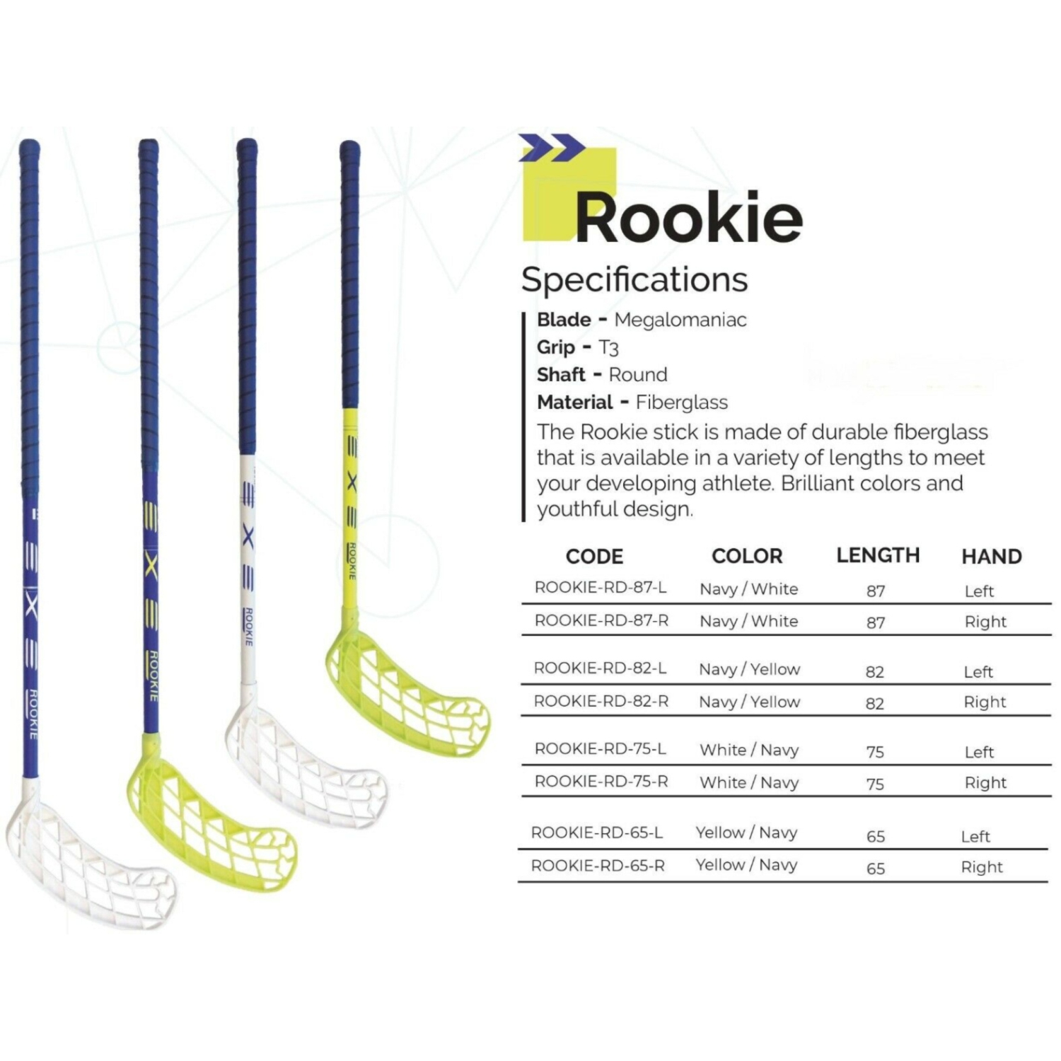 EXEL Bâton de Floorball Série Rookie - Manche Rond en Fibre de Verre, Gaucher 87 cm