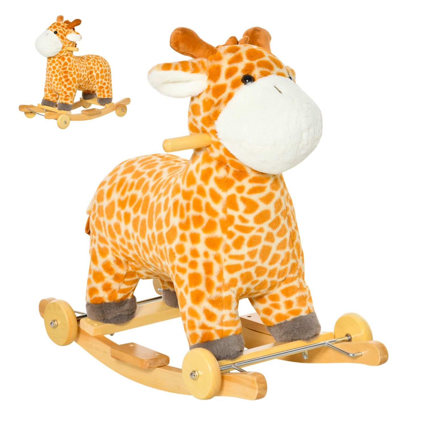 Qaba 2-IN-1 Rocking Horse Kids Plush Ride-On Gliding Giraffe-shaped Plush Toy Rocker with Realistic Sounds for Child 36-72 Months Yellow