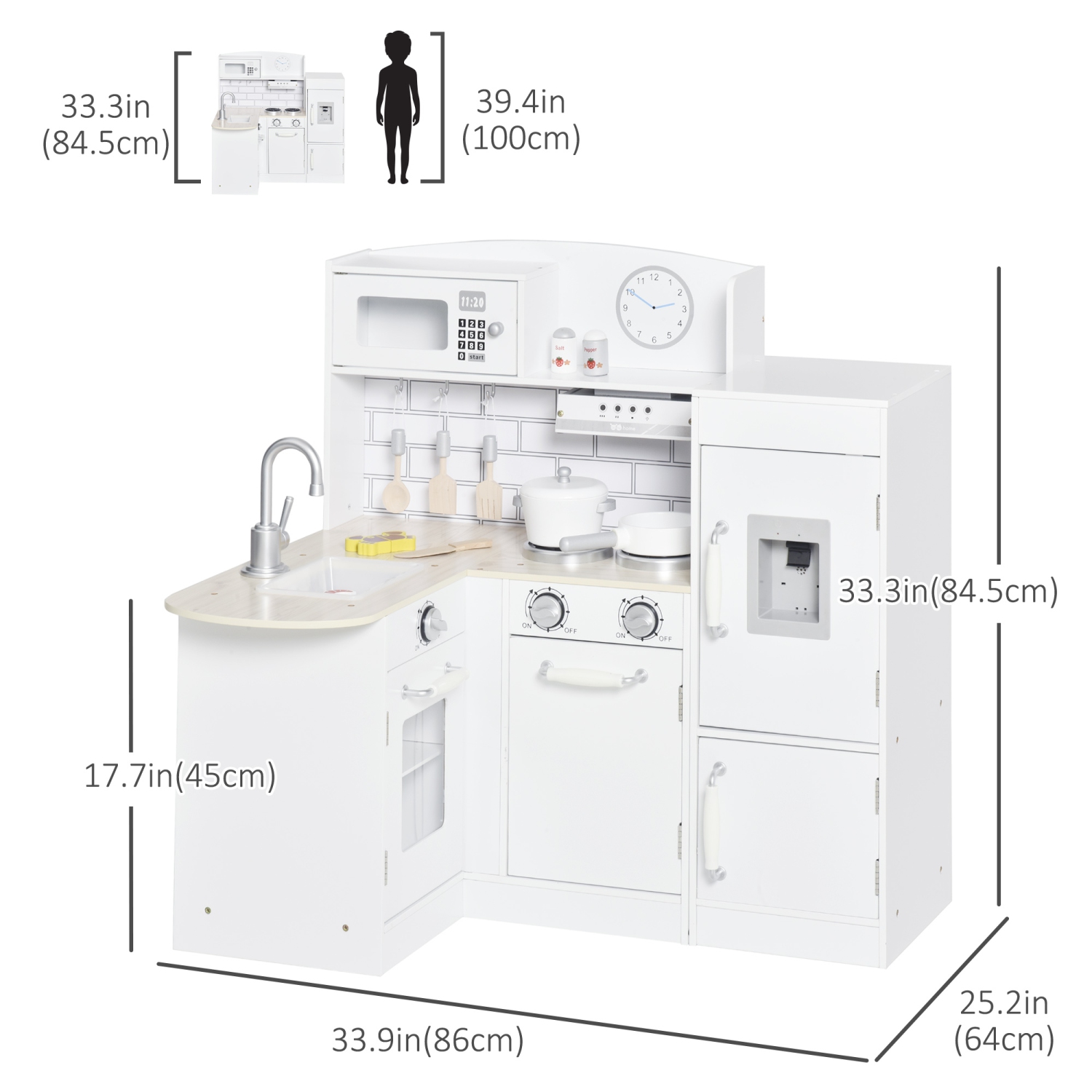 Qaba Kids Kitchen Play Cooking Toy Set for Children with Drinking Fountain, Microwave, and Fridge with Accessories, White