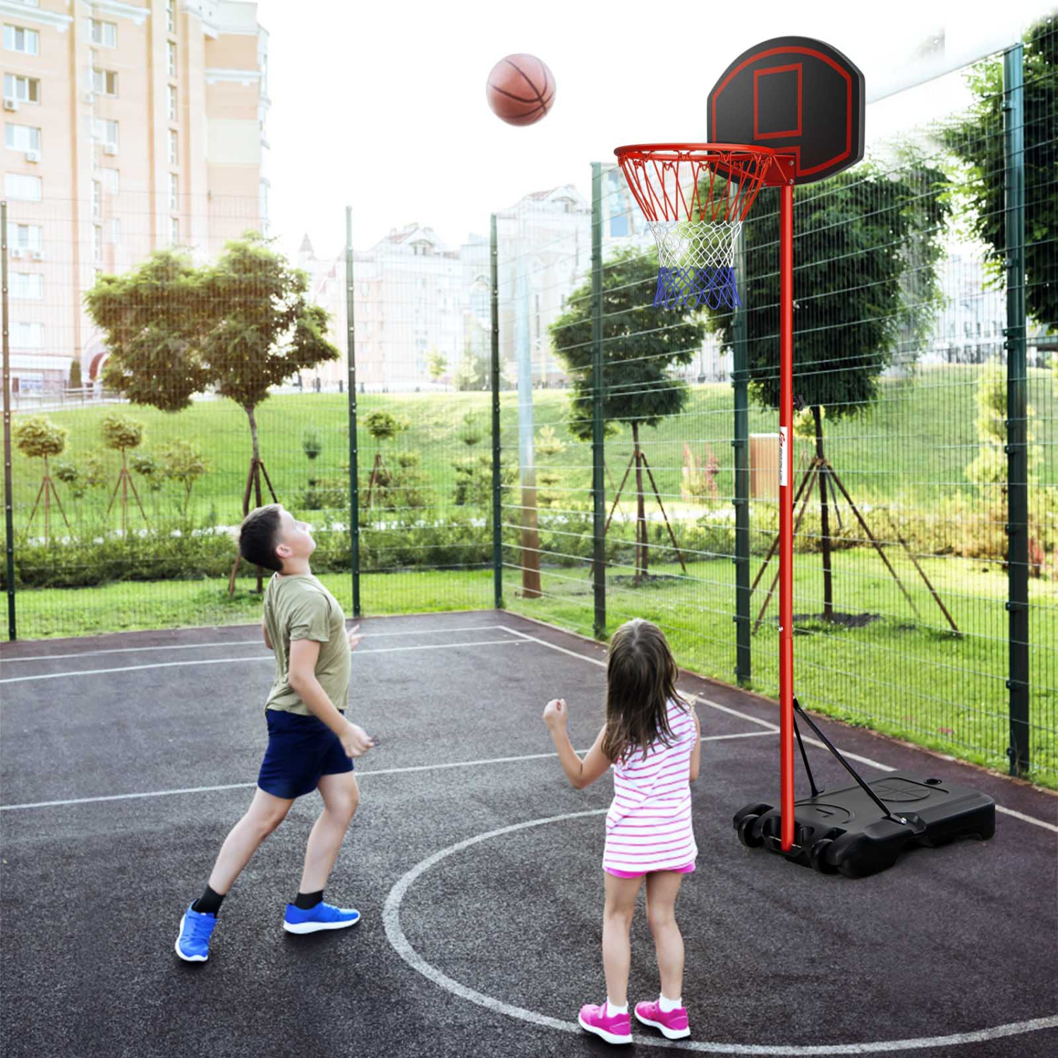 Costway Height-Adjustable Basket Hoop, Portable Backboard System Stand with 2 Wheels, Fillable Base, Weather-Resistant Nylon Net