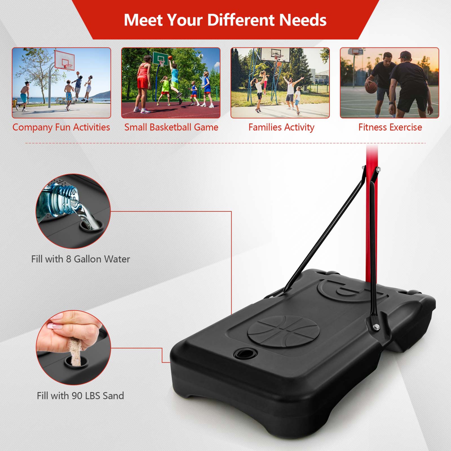 Costway Height-Adjustable Basket Hoop, Portable Backboard System Stand with 2 Wheels, Fillable Base, Weather-Resistant Nylon Net