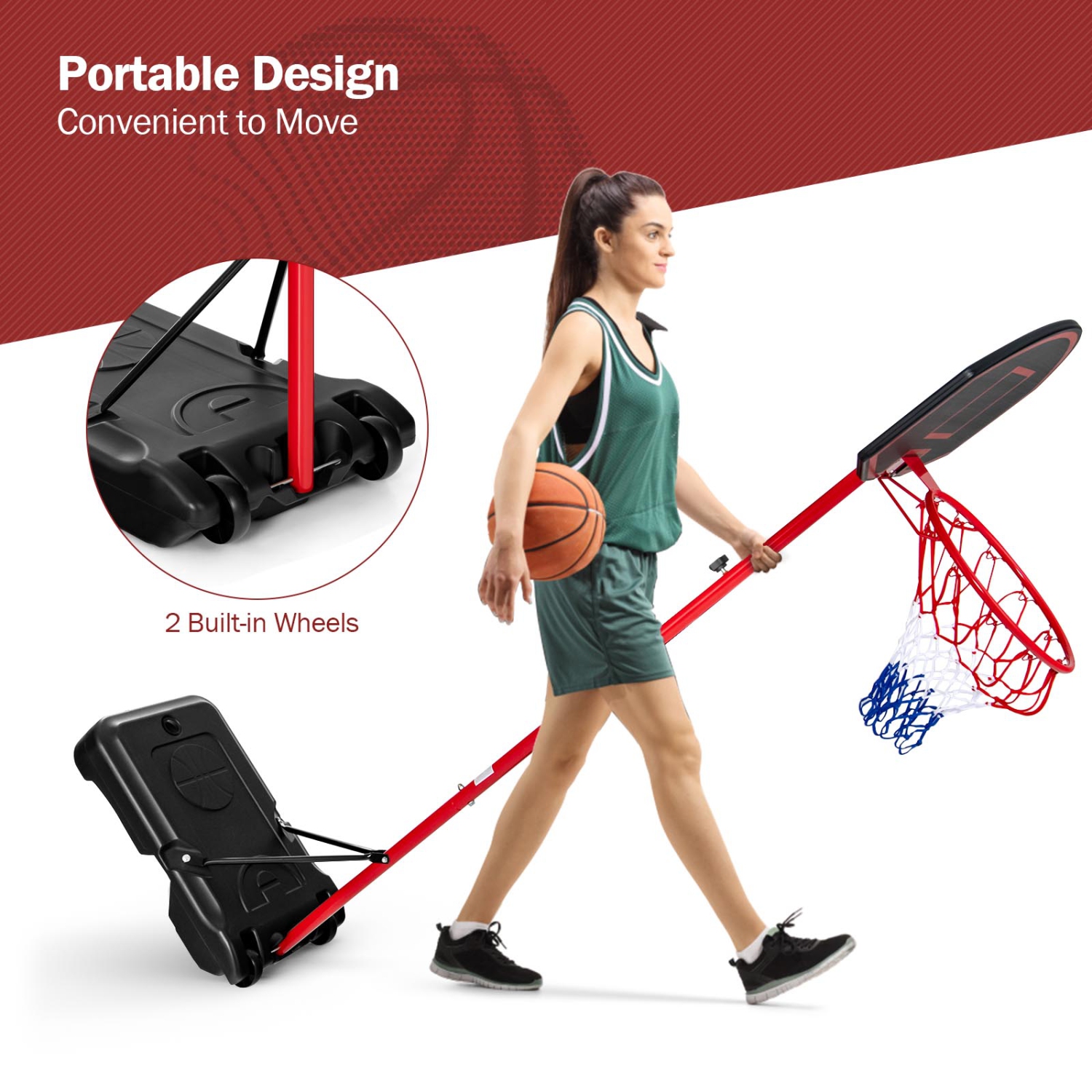 Costway Height-Adjustable Basket Hoop, Portable Backboard System Stand with 2 Wheels, Fillable Base, Weather-Resistant Nylon Net