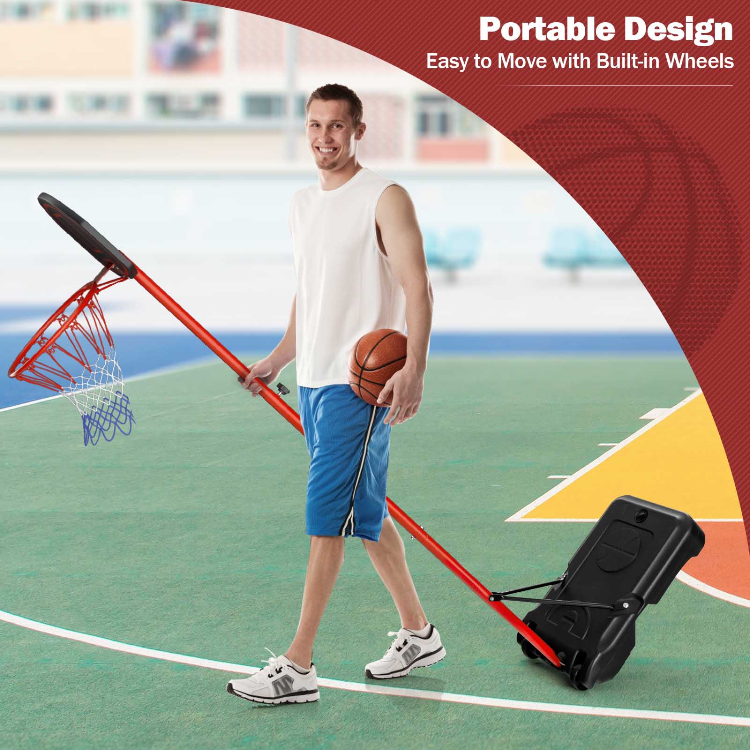 Costway Height-Adjustable Basket Hoop, Portable Backboard System Stand with 2 Wheels, Fillable Base, Weather-Resistant Nylon Net