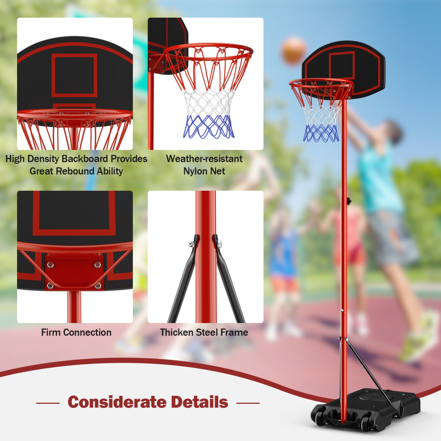 Costway Height-Adjustable Basket Hoop, Portable Backboard System Stand with 2 Wheels, Fillable Base, Weather-Resistant Nylon Net