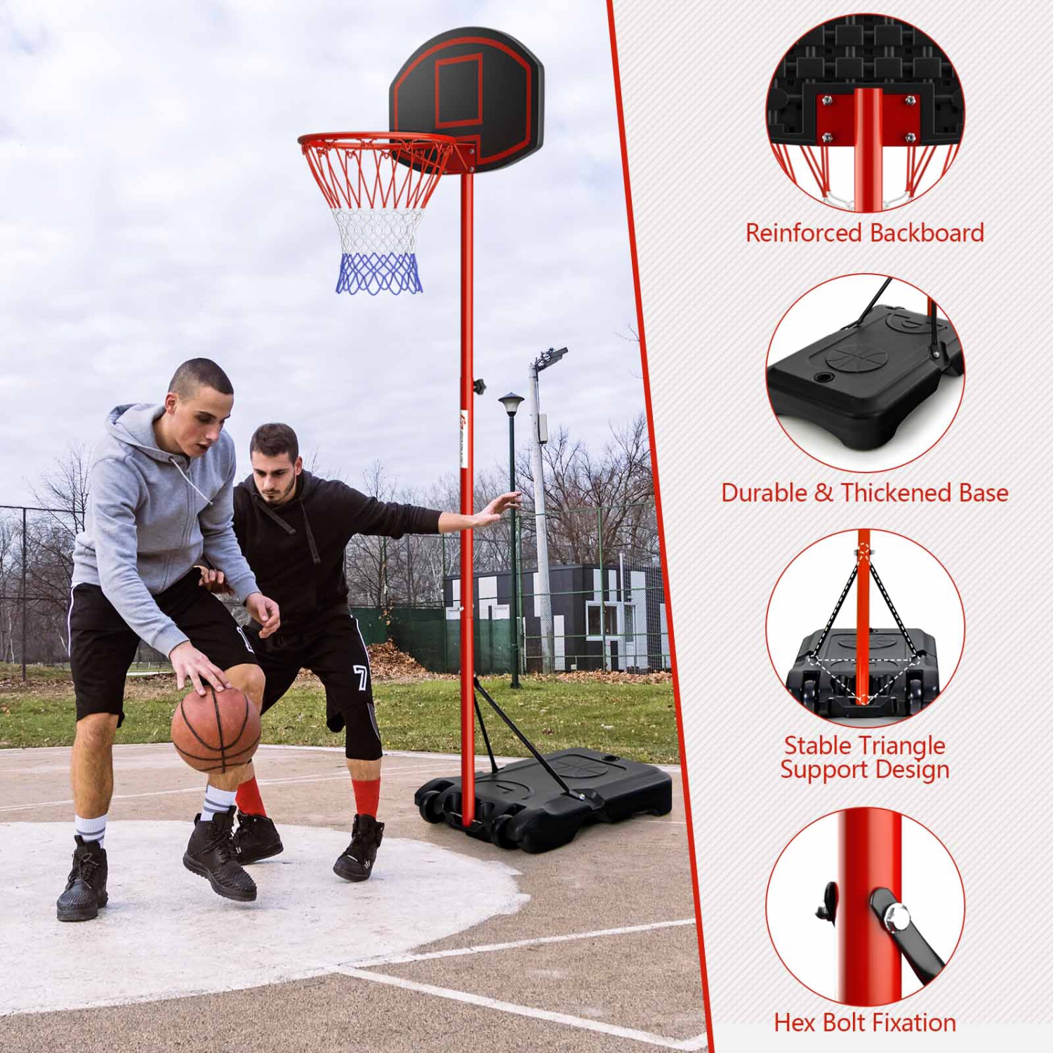 Costway Height-Adjustable Basket Hoop, Portable Backboard System Stand with 2 Wheels, Fillable Base, Weather-Resistant Nylon Net