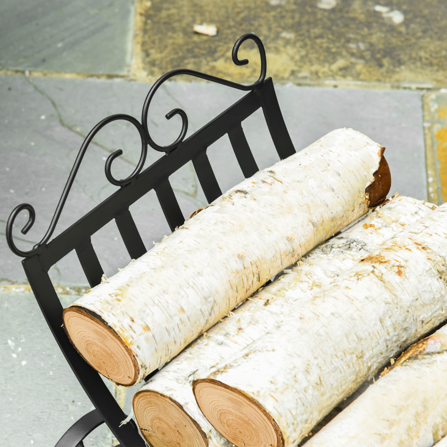 Outsunny 23" Firewood Log Rack Curved Fireplace Log Holder Stylish Wood Storage Carrier with Scrolls, for Outdoor and Indoor Use, Black