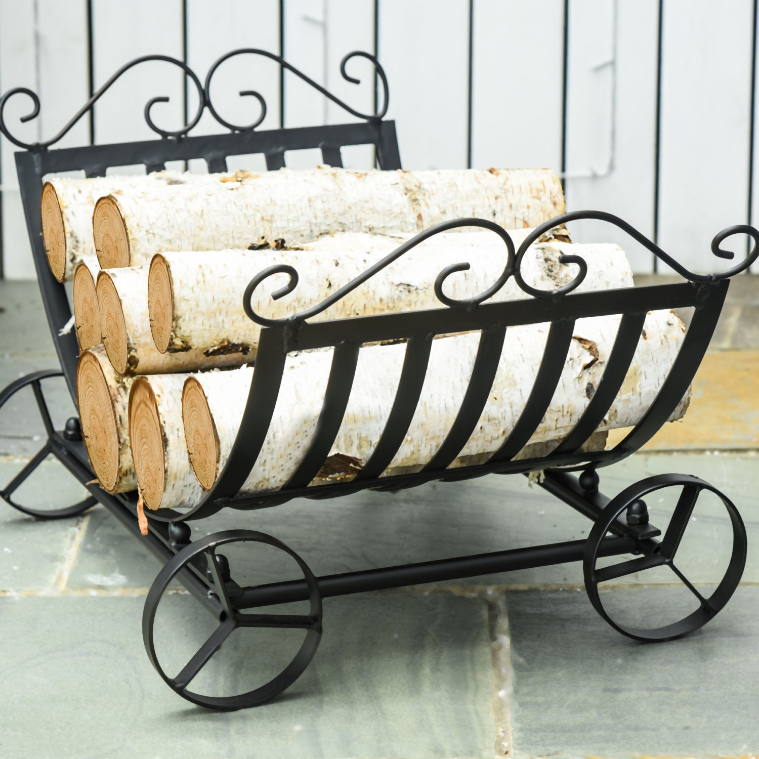 Outsunny 23" Firewood Log Rack Curved Fireplace Log Holder Stylish Wood Storage Carrier with Scrolls, for Outdoor and Indoor Use, Black