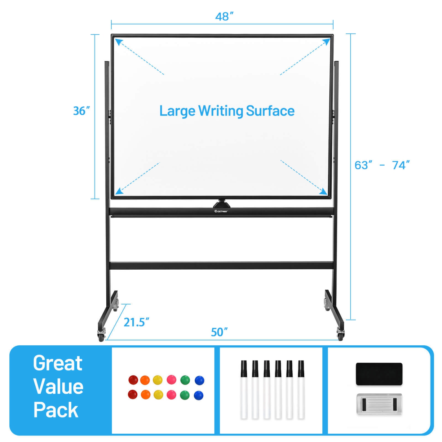 Costway 48"x36" Mobile Magnetic Double-Sided Reversible Whiteboard Height Adjust