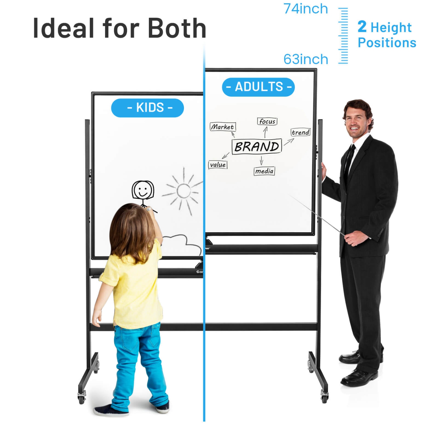 Costway 48"x36" Mobile Magnetic Double-Sided Reversible Whiteboard Height Adjust