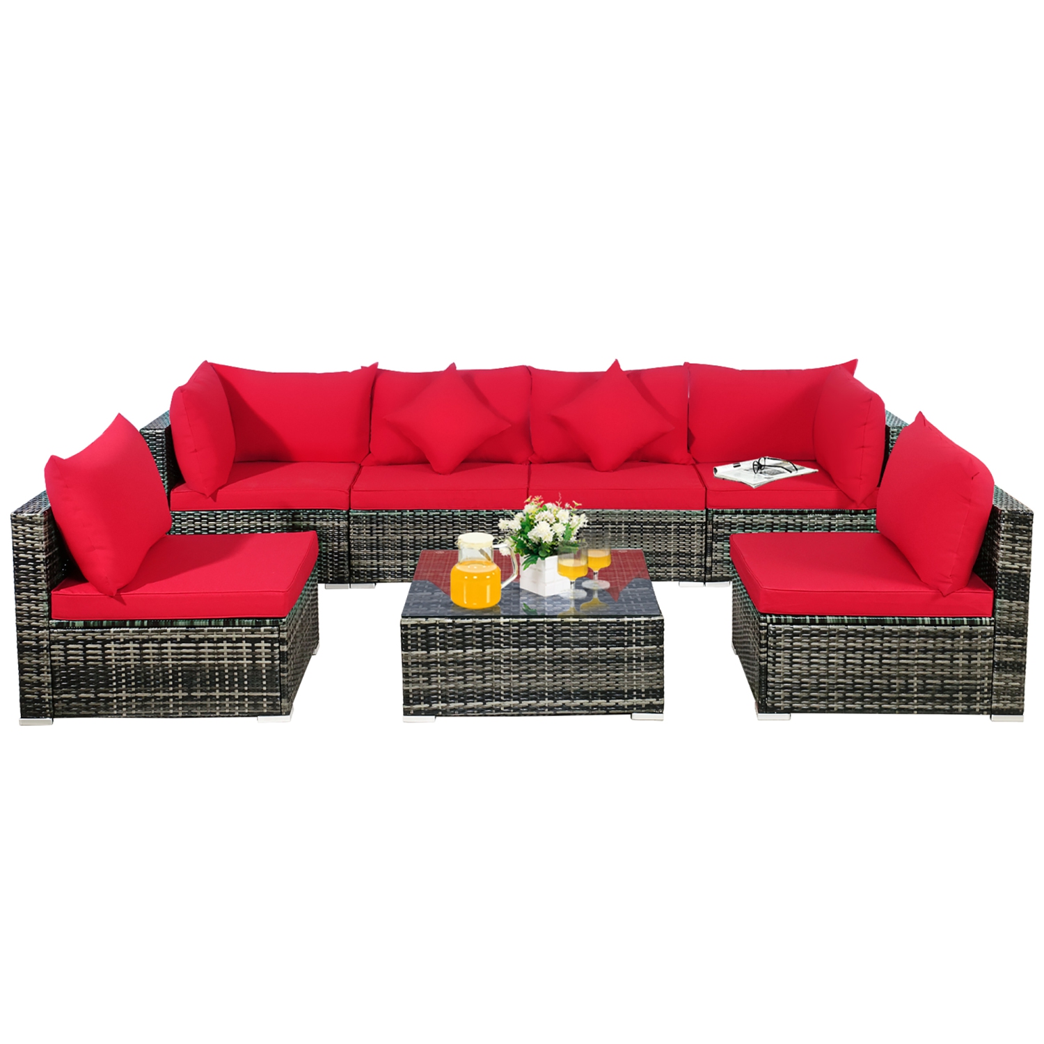 7PCS Patio Rattan Furniture Set Sectional Sofa Garden Cushion
