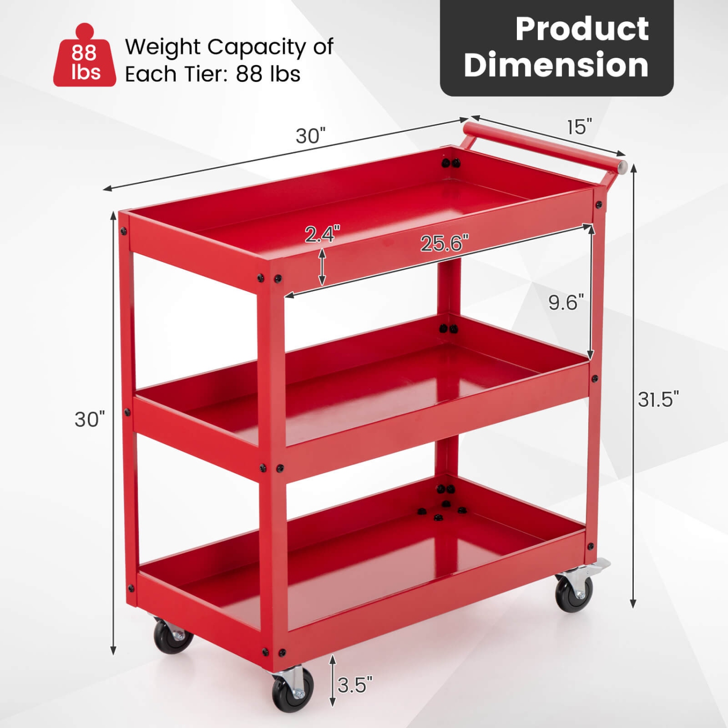 Costway 3-Tier Utility Cart Metal Mental Storage Service Trolley 330lbs Capacity