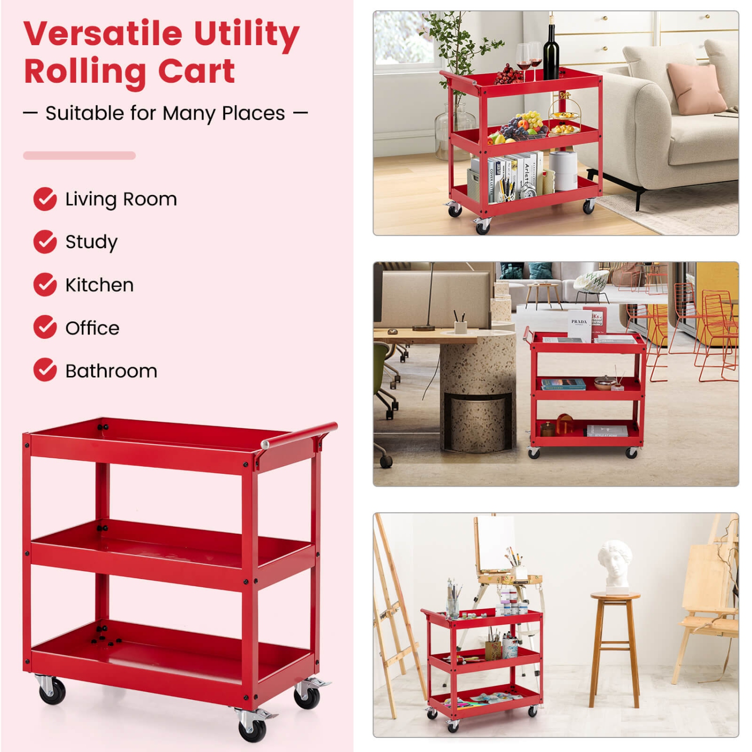 Costway 3-Tier Utility Cart Metal Mental Storage Service Trolley 330lbs Capacity
