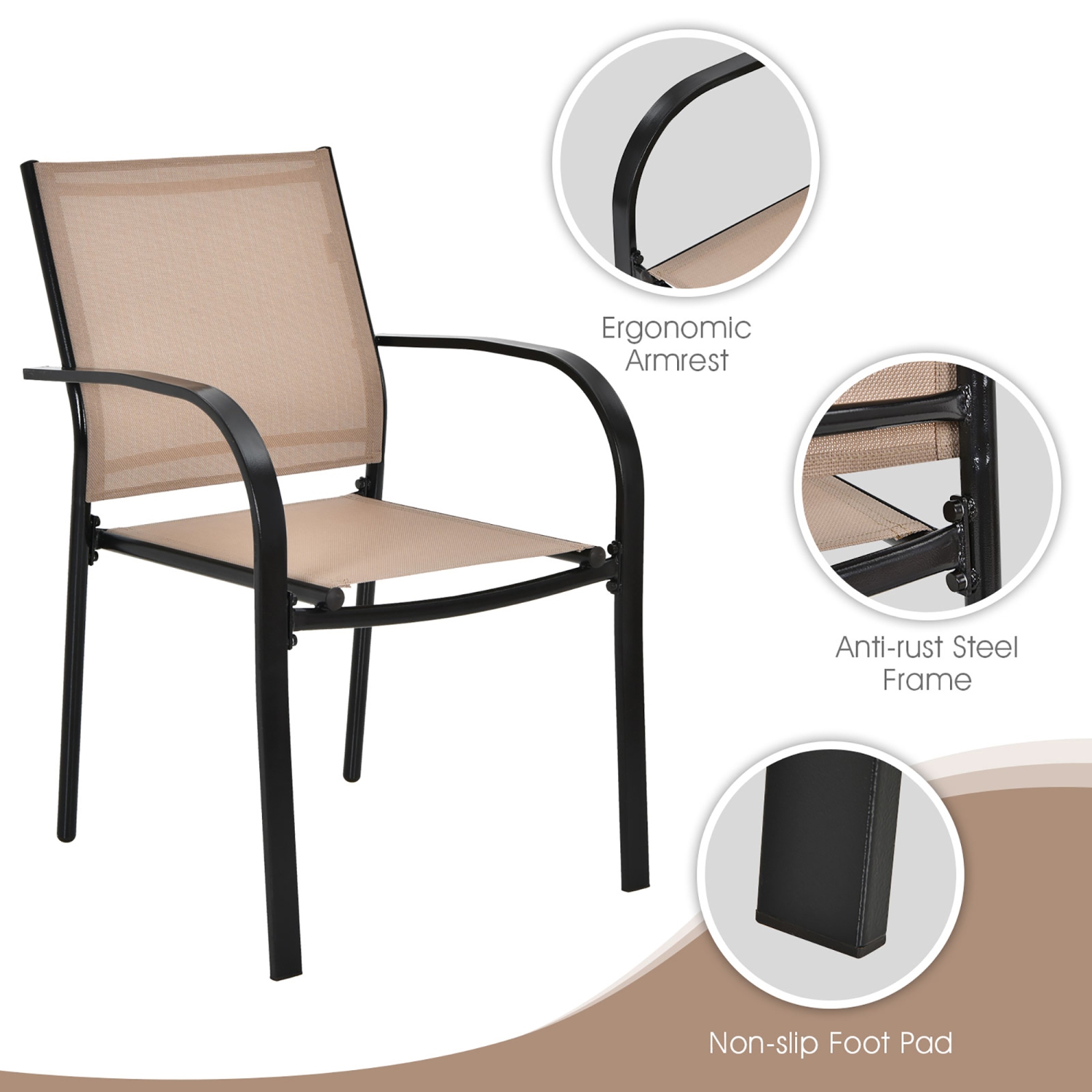 Costway Set of 2 Patio Dining Chairs Stackable with Armrests Garden Deck Brown
