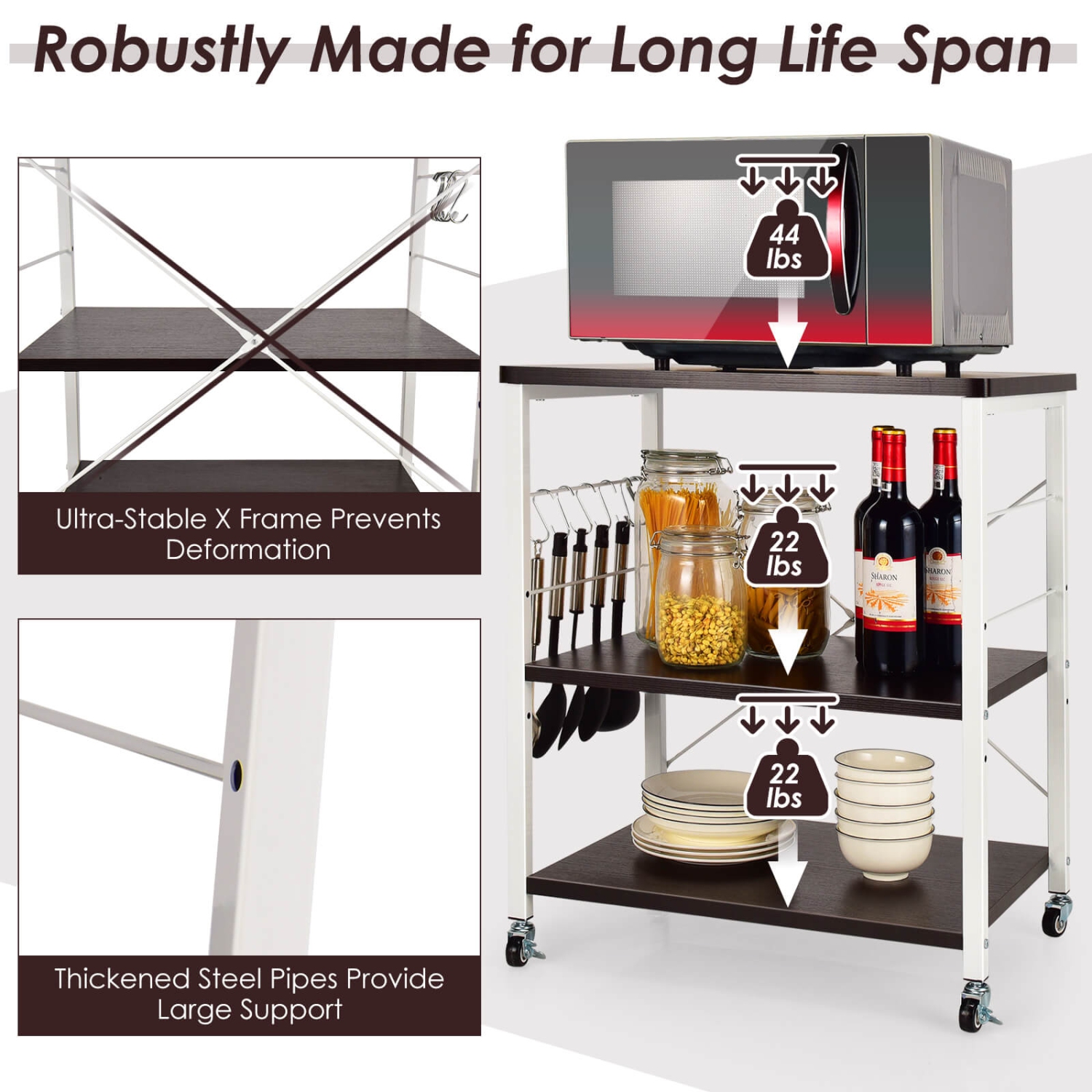 Costway 3-Tier Kitchen Baker's Rack Microwave Oven Storage Cart w/ Hook