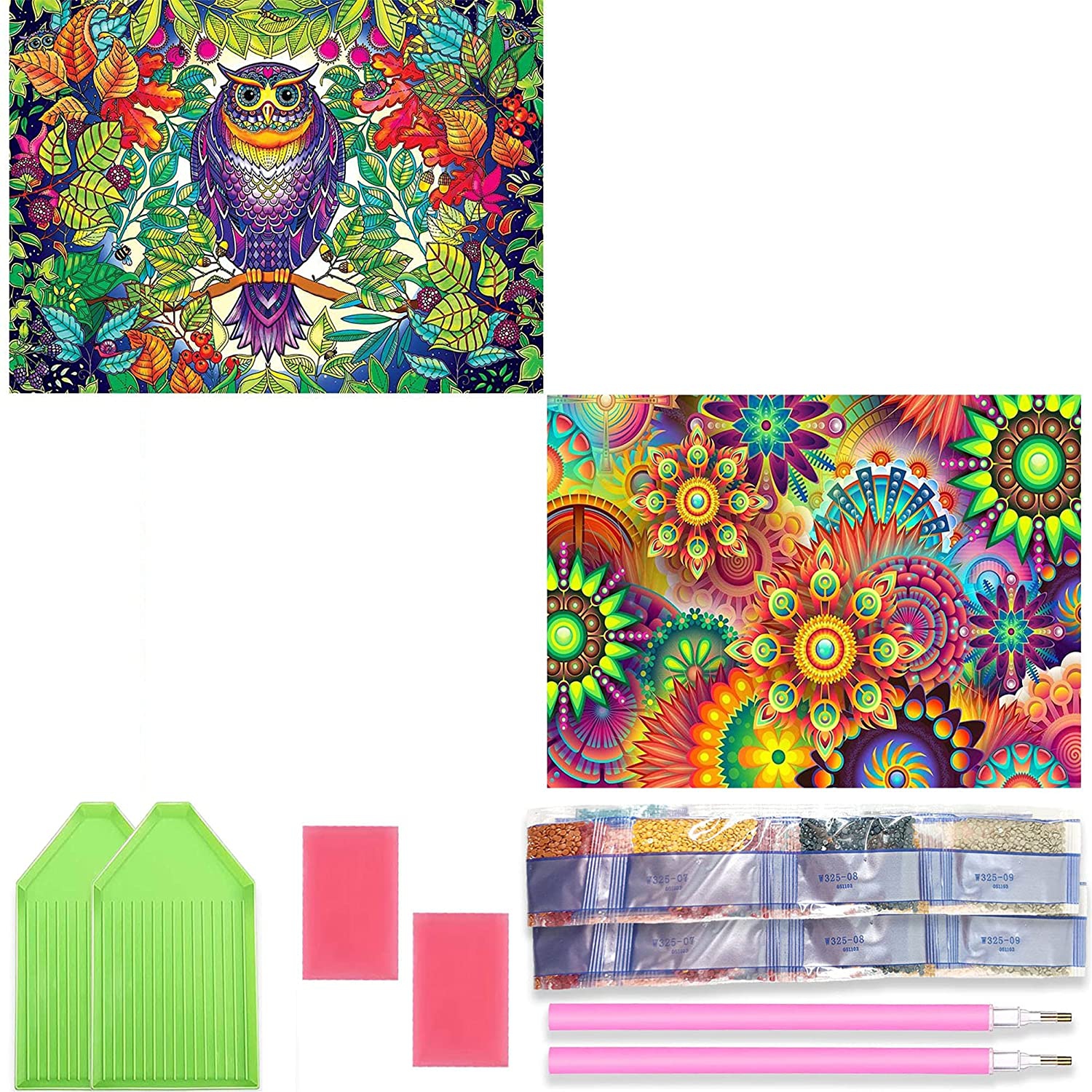 Ginfonr 5D DIY Diamond Painting by Number Kits Colorful Owl & Mandala Flower for Adults Full Drill, Kaleidoscope Paint with D