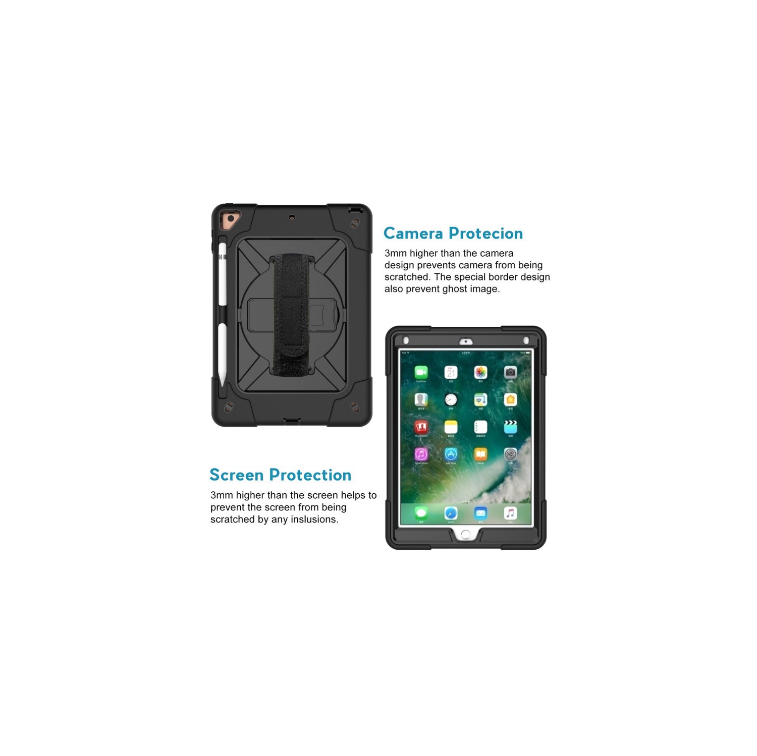 TopSave Kickstand Shockproof Heavy Duty High Impact Resistant Rugged Hybrid Three Layer Armor Full Body Protection w/Soft Hand Strap Case for iPad