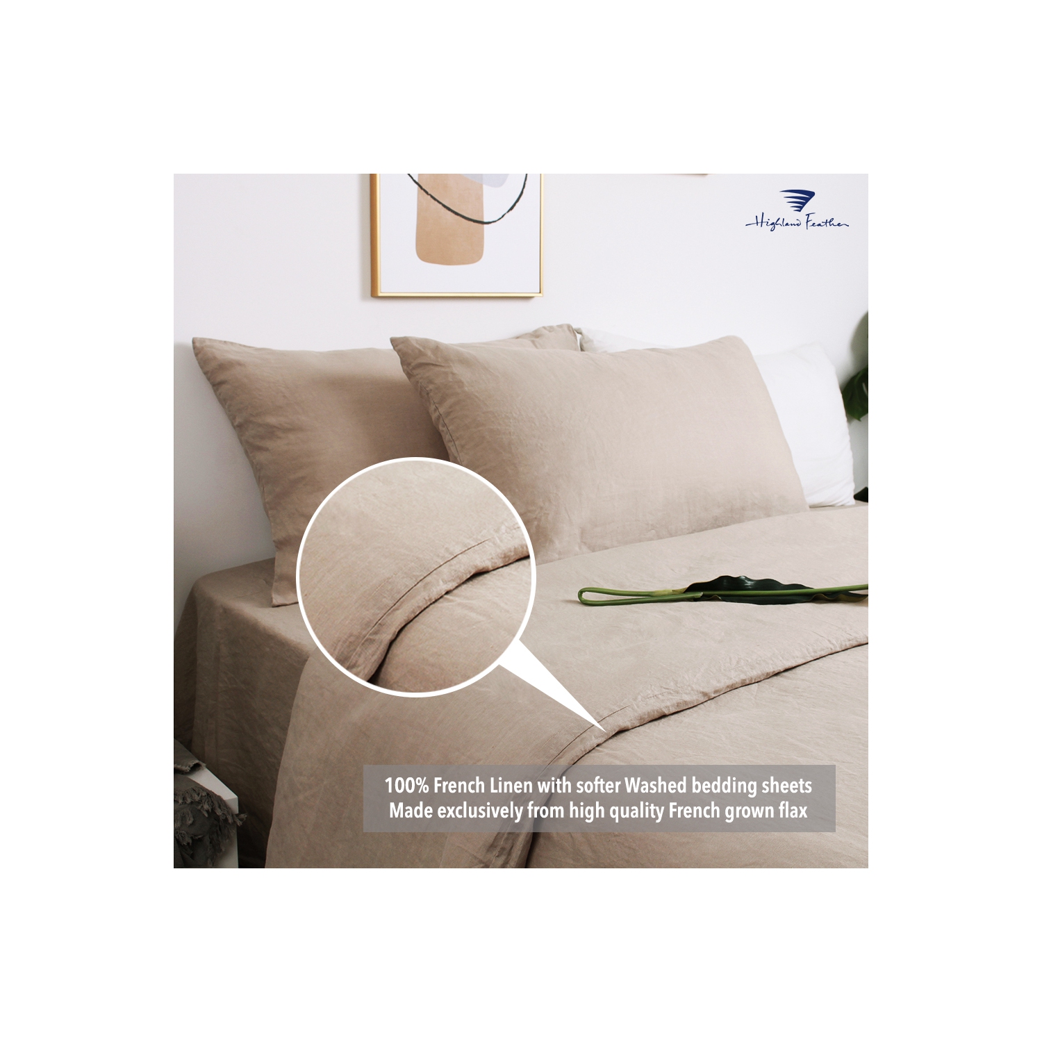 Ensemble de draps en lin 100 % français Highland Feather - Drap de lit 4 pièces - 1 drap plat et 1 drap-housse et 2 taies d’oreiller - Literie en lin