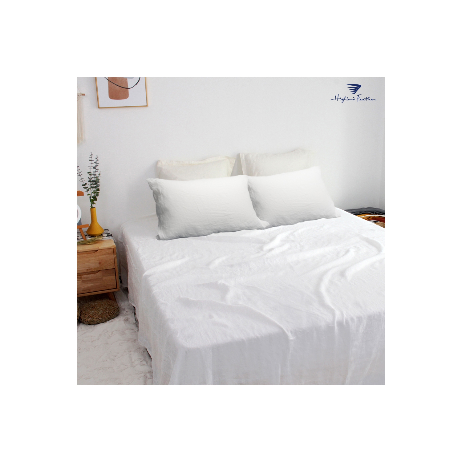 Highland Feather 100% French Linen Sheet Set - 4 Piece Bedsheet - 1 Flat Sheet & 1 Fitted Sheet & 2 Pillowcases - Linen Bedding - Classic Luxury -