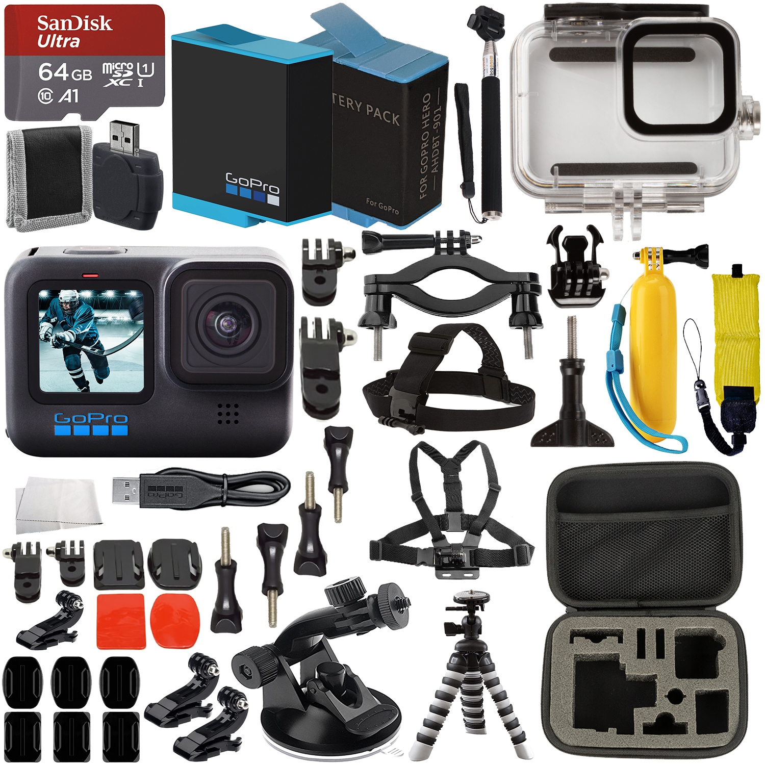 GoPro HERO10 (Hero 10) Black with Premium Accessory Bundle: SanDisk Ultra 64GB microSD Memory Card, Replacement Battery, Underwater Housing, Protective Case & Much More