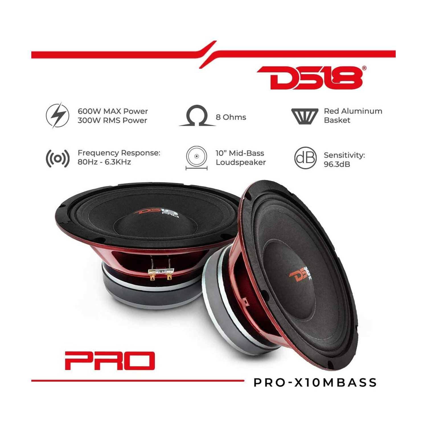 Haut-parleur de fréquences moyennes graves 10&nbsp;po PRO-X DS18 PRO-X10MBASS, 400&nbsp;W RMS – 8&nbsp;Ohm