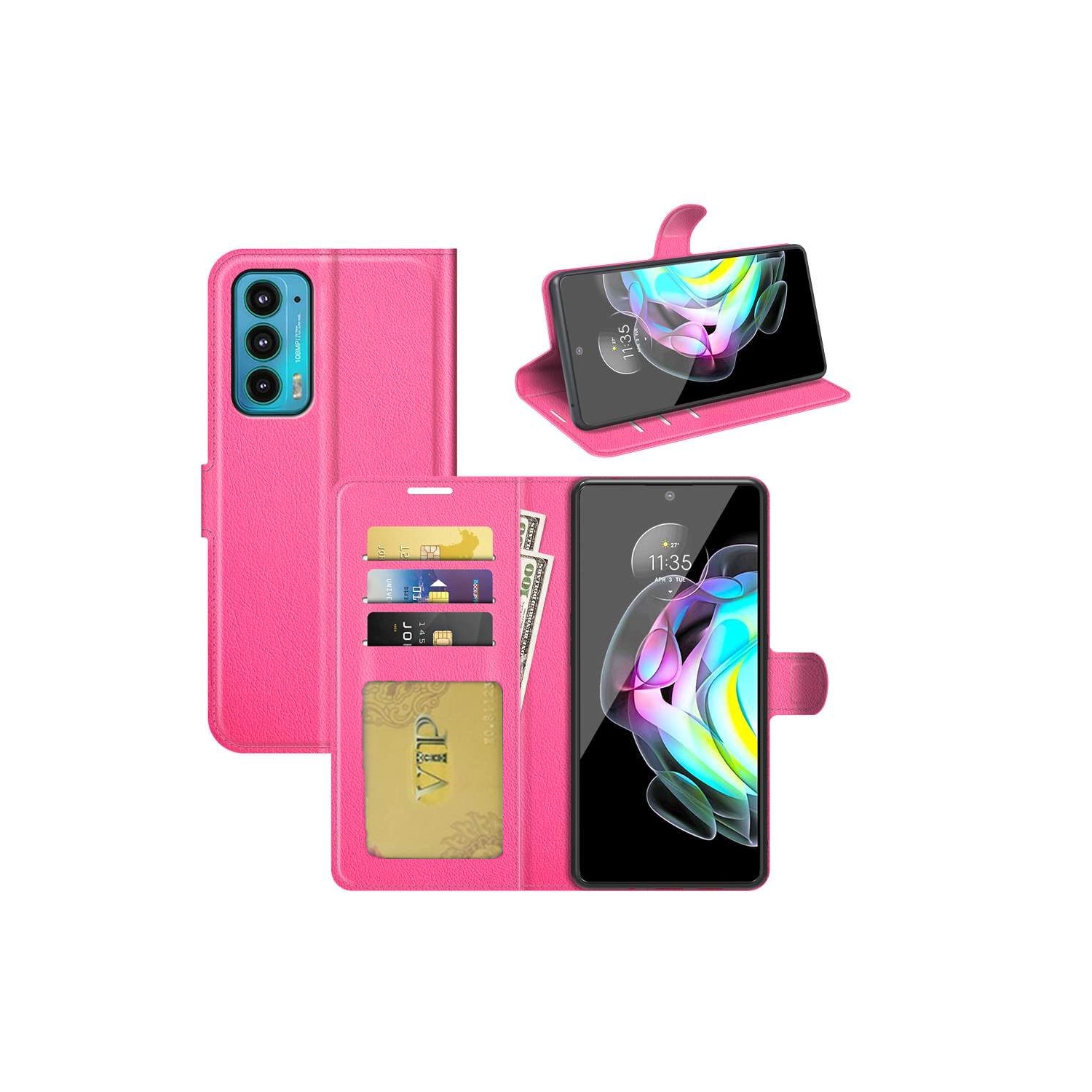 [CS] Motorola Moto Edge 2021 Case, Magnetic Leather Folio Wallet Flip Case Cover with Card Slot, Hot Pink