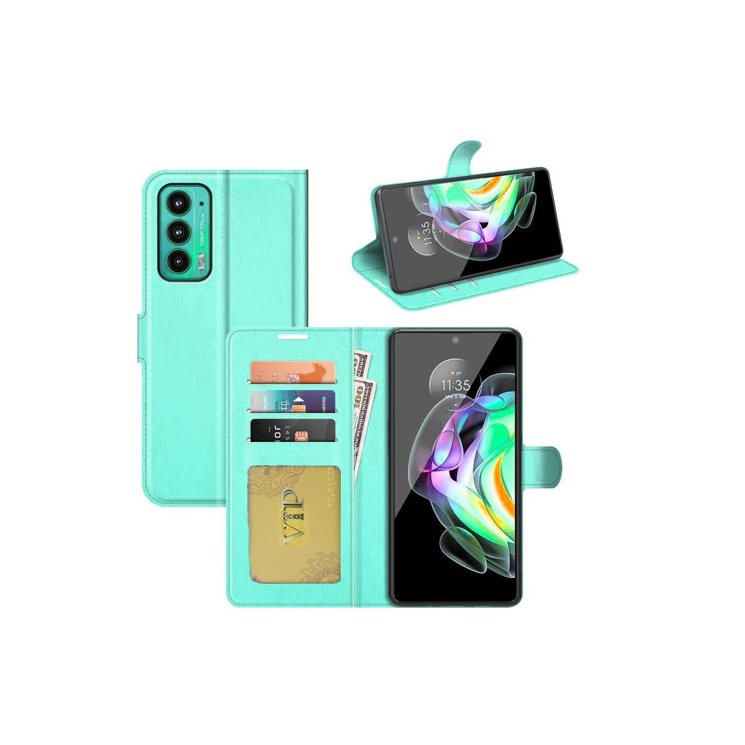 [CS] Motorola Moto Edge 2021 Case, Magnetic Leather Folio Wallet Flip Case Cover with Card Slot, Teal