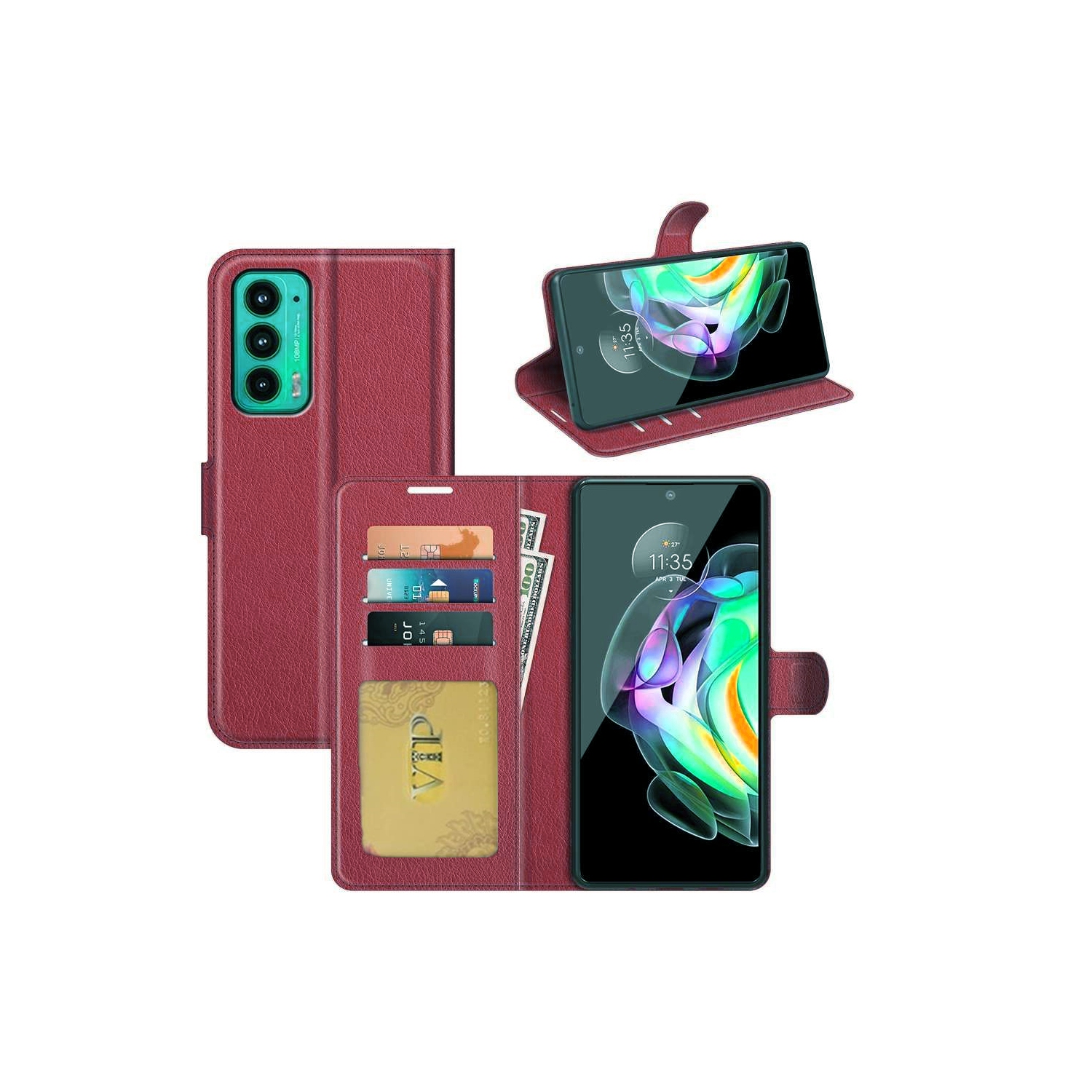 [CS] Motorola Moto Edge 2021 Case, Magnetic Leather Folio Wallet Flip Case Cover with Card Slot, Wine