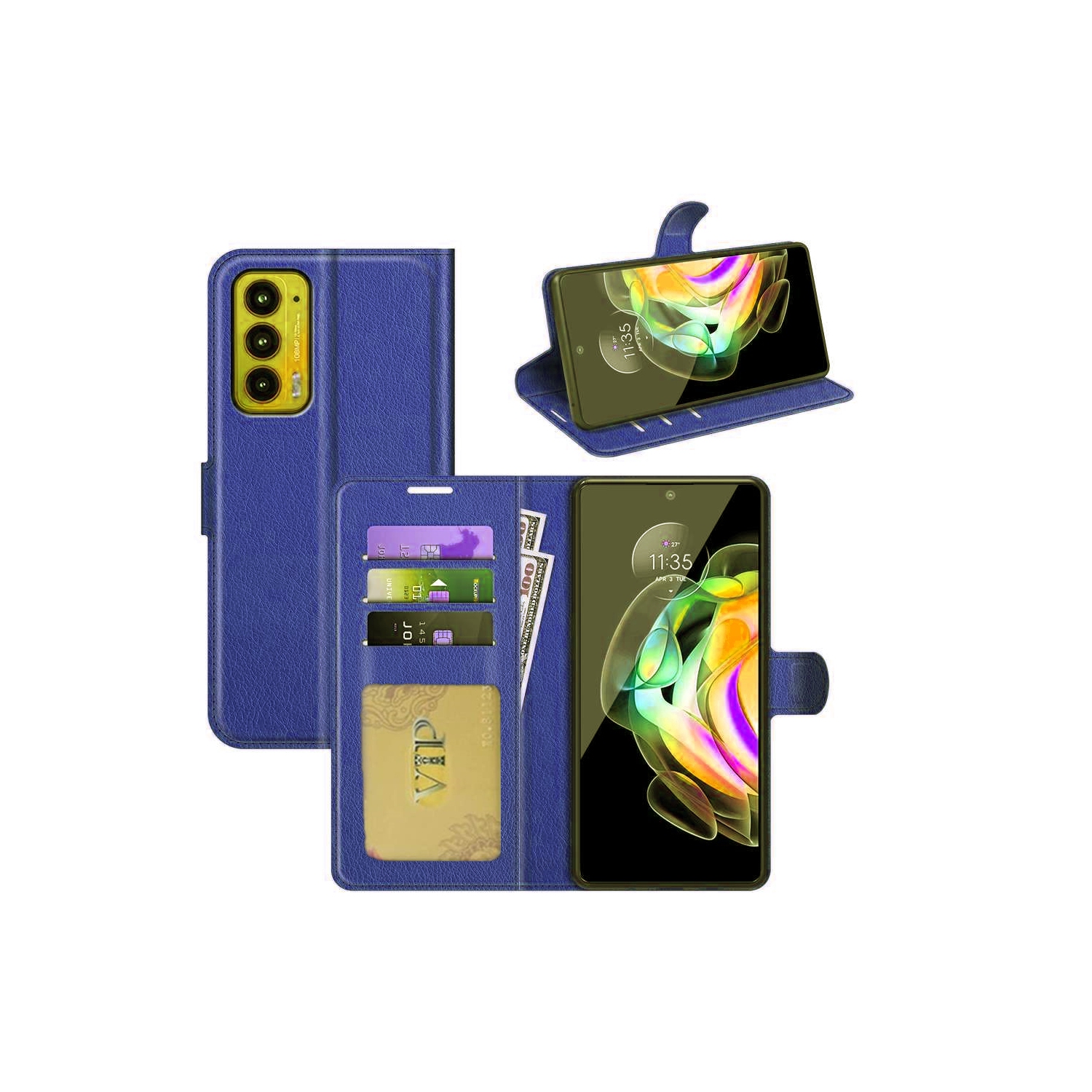 [CS] Motorola Moto Edge 2021 Case, Magnetic Leather Folio Wallet Flip Case Cover with Card Slot, Navy