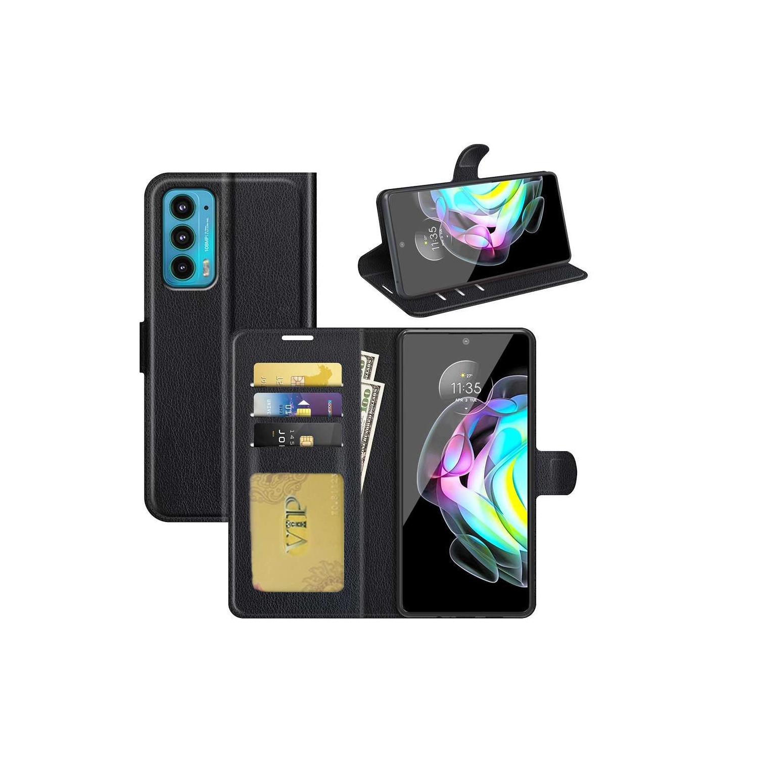 [CS] Motorola Moto Edge 2021 Case, Magnetic Leather Folio Wallet Flip Case Cover with Card Slot, Black