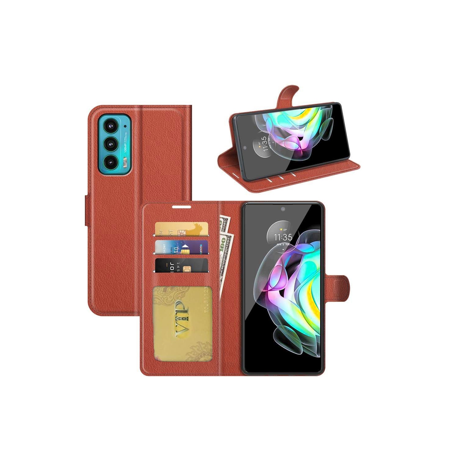 [CS] Motorola Moto Edge 2021 Case, Magnetic Leather Folio Wallet Flip Case Cover with Card Slot, Brown